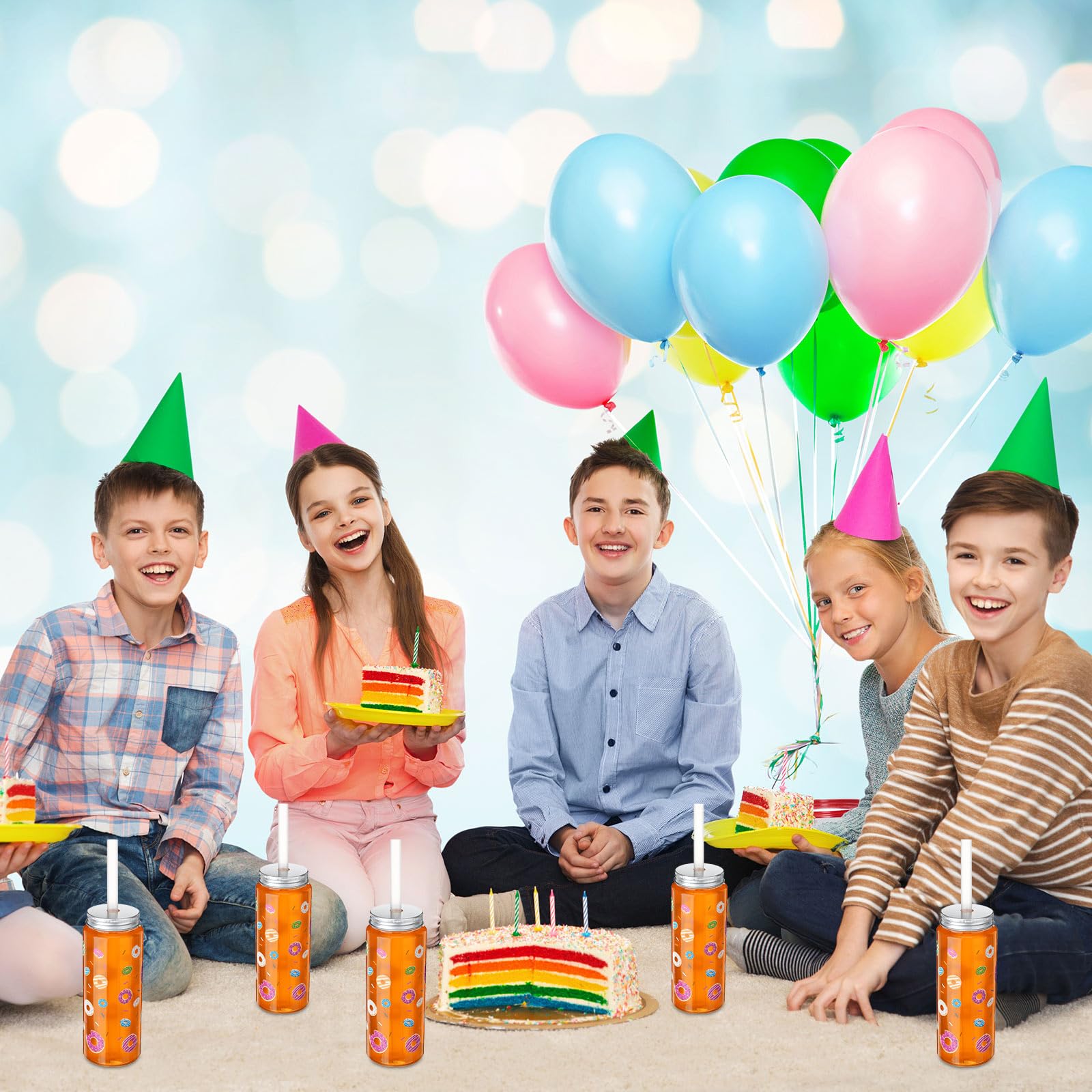 LemonRoad 24 Stück Kunststoffbecher mit Deckel und Strohhalm, 400 ml, wiederverwendbar, Motto-Party-Dekorationen, Becher, Bierdose, Eiskaffeebecher für adrette Party-Dekoration (Donut)