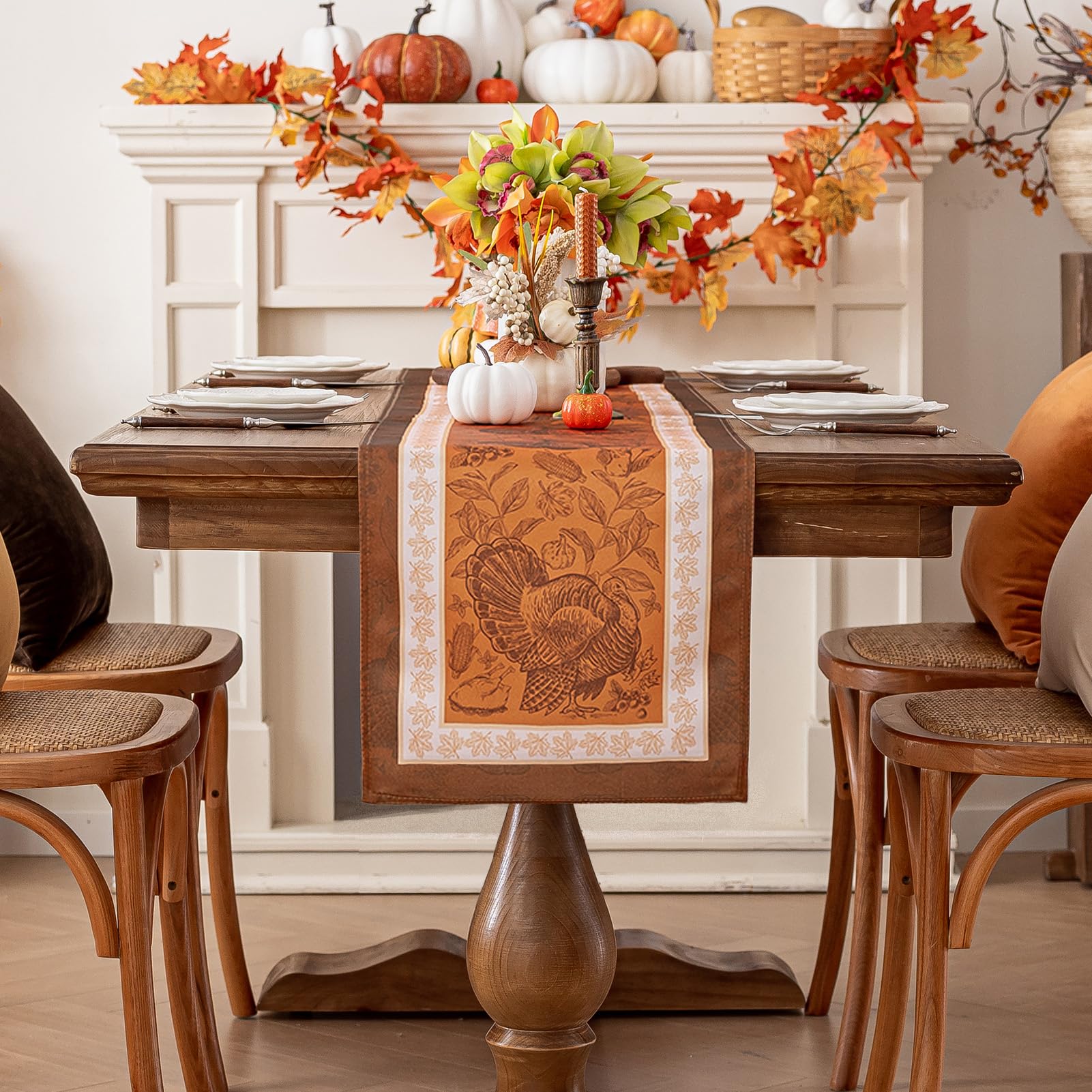 Romanstile herbstlicher Tischläufer 40x180 cm Kürbis Truthahn Herbst Muster Gelb und Beige Tischband Tischstreifen Deko für Halloween,Erntedankfest,Oktoberfest,Familienessen Dinnerpartys,Thanksgiving