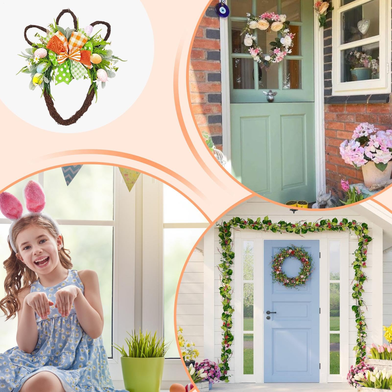 Wieniec Wielkanocny Na Drzwi Wejściowe Ozdoba z Jajkiem i Kokardą | Wieńce na Drzwi Wejściowe Na Zewnętrzne Drzwi Dom Wiosenne Święto Salon Sypialnia Okno Ściana