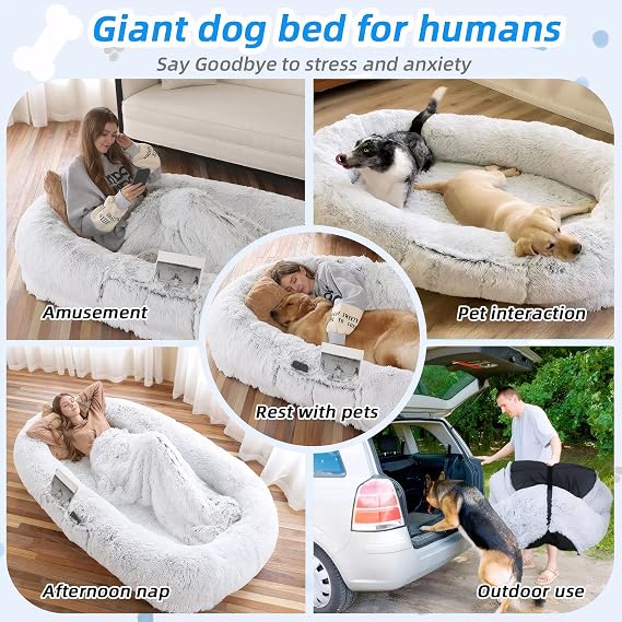 Human Dog Bed for Adults, 71 L x 45 W x 12 Giant Fluffy Dog Bed for Humans, Washable Faux Fur Napping Bed, Orthopedic Human Pet Bed with Non-Slip Bottom,Grey