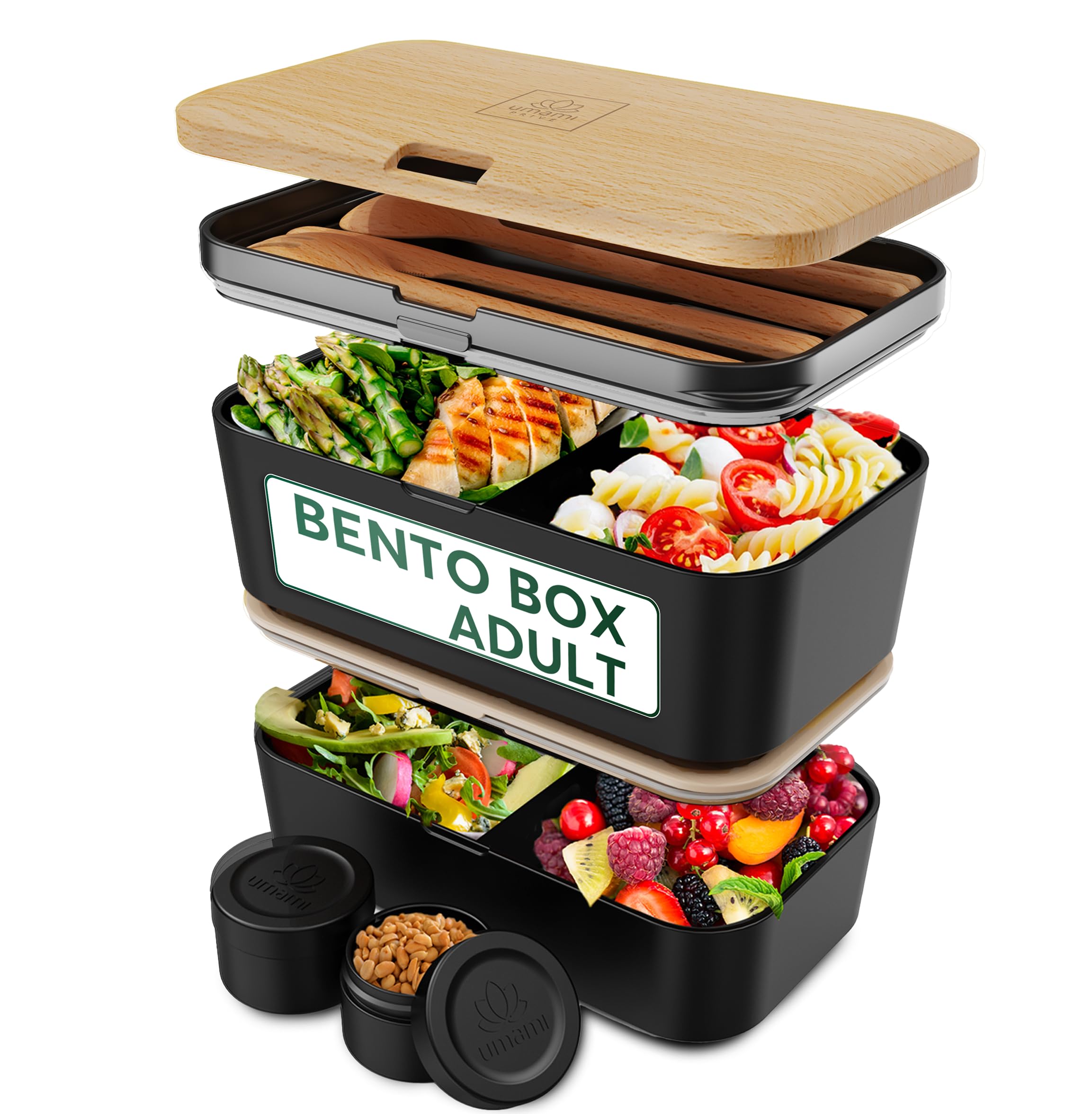 Umami Bento Lunch Box, Couverts & 2 Pots à Sauce Inclus, Boîte Repas Encastrable, Lunchbox Micro-Ondable, Boîte à Lunch Adulte Compartimentée, Bento Box, Hêtre Noir, 1500 ml