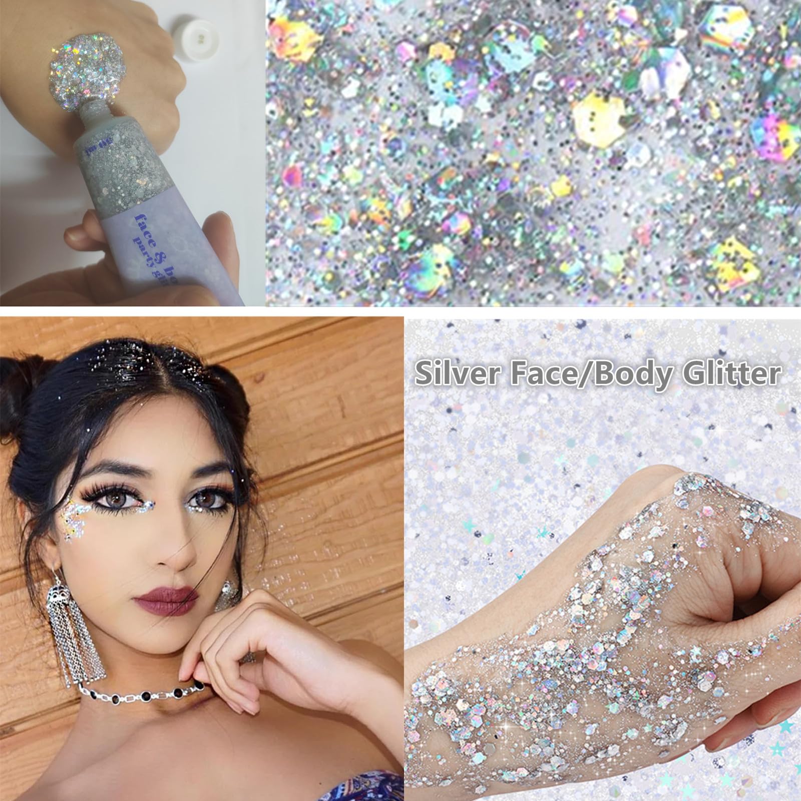 Go Ho Silver Face Hair Glitter,Singer Concerts Silver Body Glitter Gel,Holographic Long Lasting Chunky Sequins Glitters for Eye Lip Hair Nails,Festival Accessories Face Gems,52g - Image 2