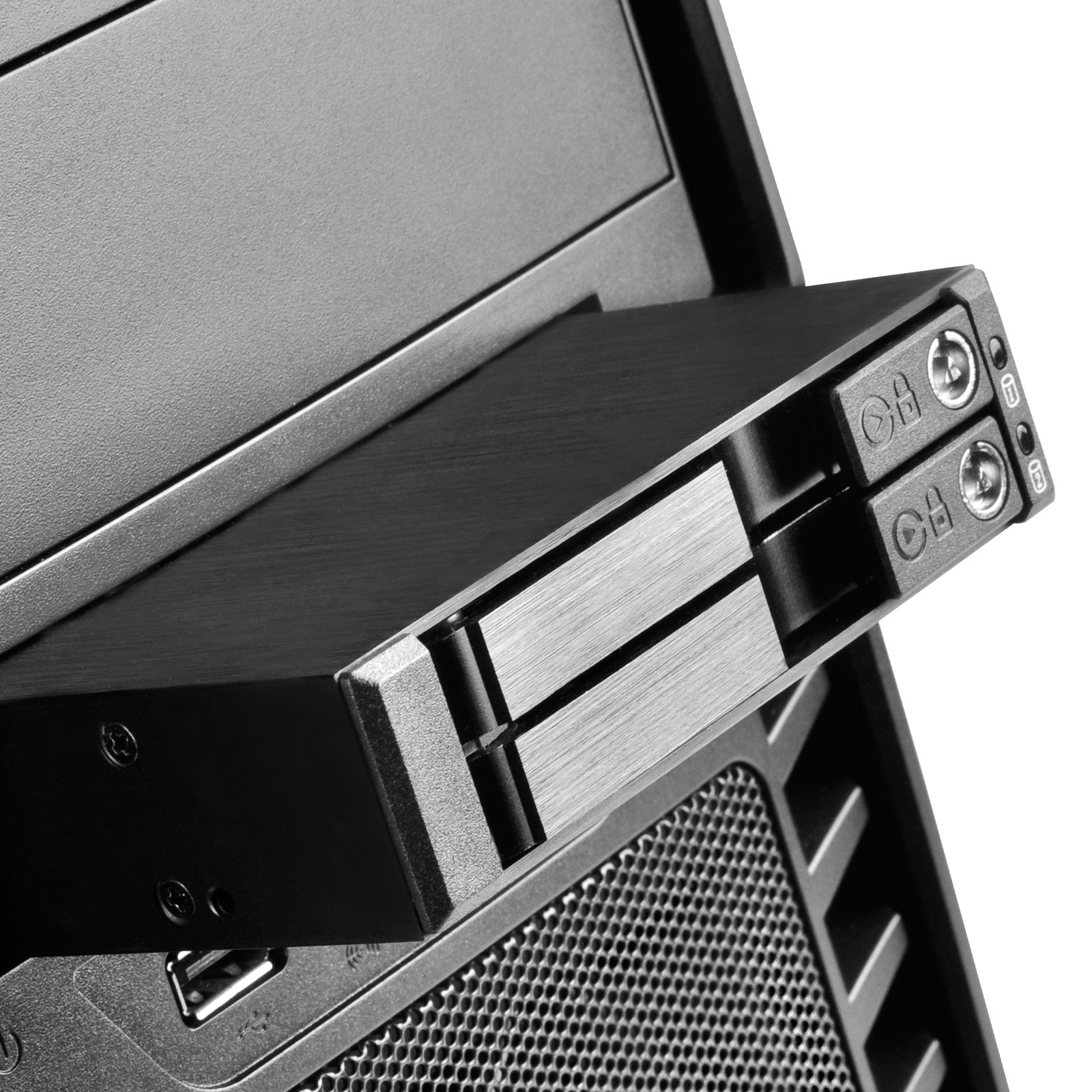 SilverStone SST-FS202B – aluminiowa taca bez tacy przenośna płyta montażowa / wewnętrzna obudowa dysku twardego do 2 x 2,5 cala SAS/SATA HDD lub SSD, pasuje do każdej kieszeni na dysk 3,5 cala, z zamkiem, czarna