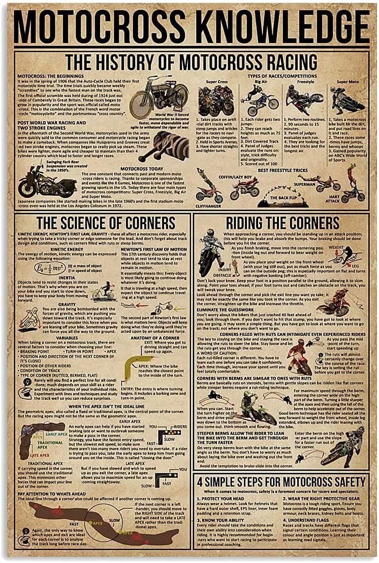 Oudrspo Motocross Knowledge Metal Tin Sign The History Of Motocross Racing Retro Impresión Poster Placa para la escuela Club Café Bar Dormitorio Cocina Hogar Arte Decoración de Pared 8x12 pulgadas