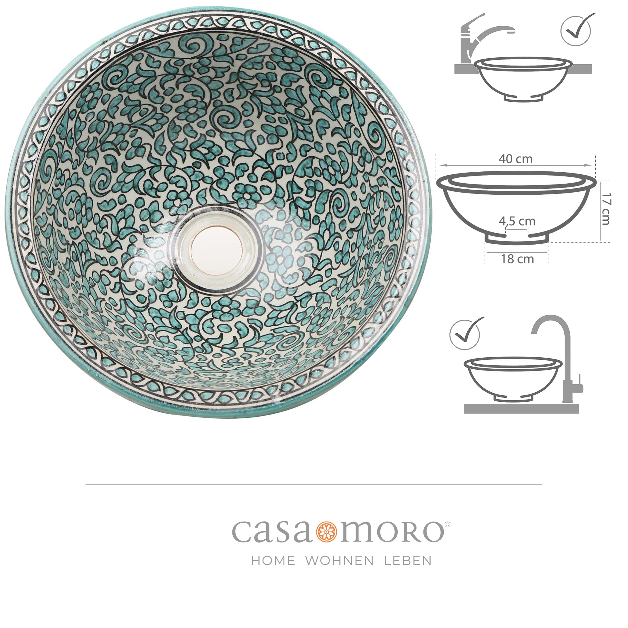 Lavabo de cerámica empotrable redondo sin agujero para grifo turquesa