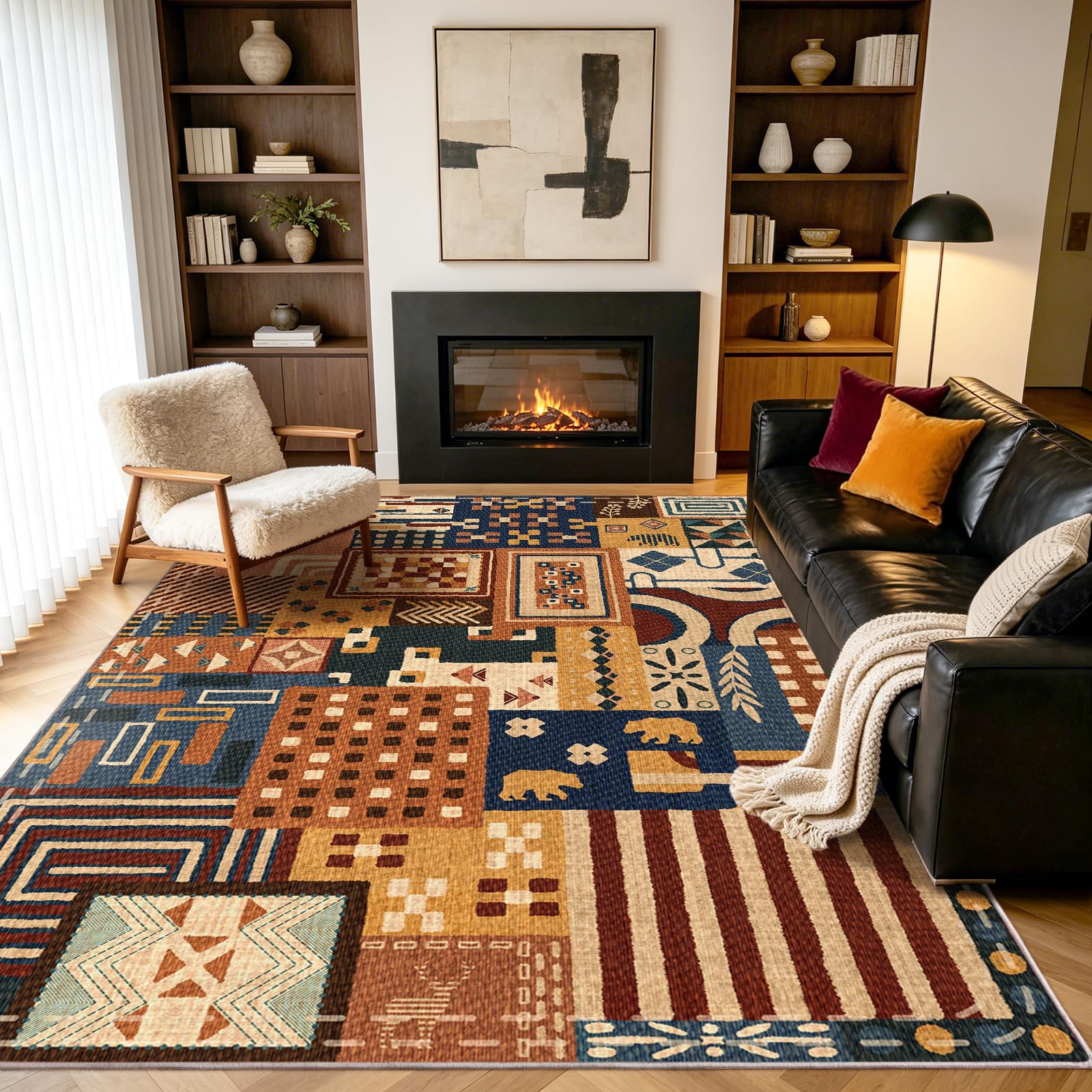 Kurzflor Teppich Tiere Patchwork 120x160cm Waschbarer Teppich Schlafzimmer | Waschbarer Rutschfester Teppich mit weicher Oberfläche, Boho Designteppich für Wohnzimmer, Esszimmer, Büro und Flur – Animals