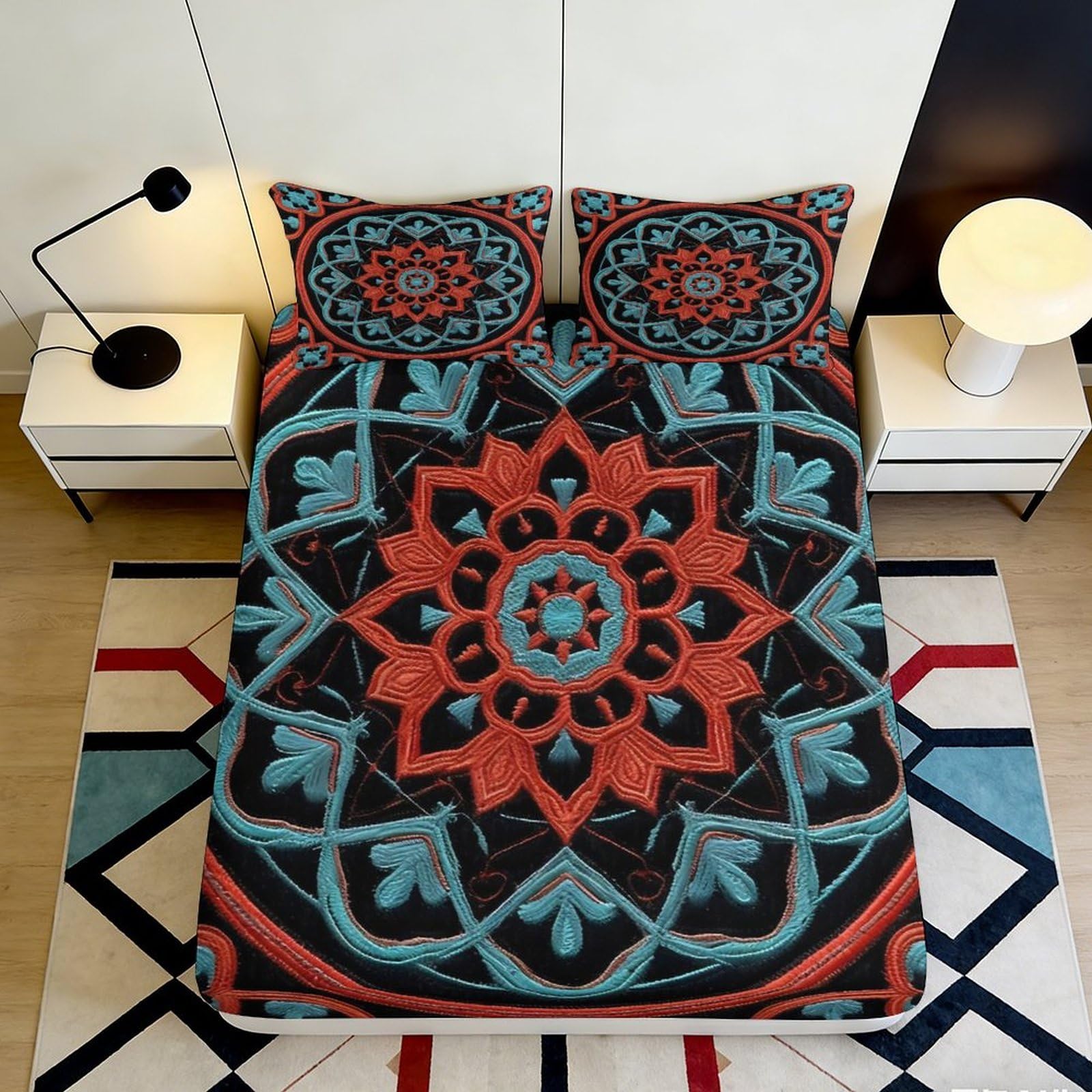 Pnayamiorkfel Style-5 3D Printed Mandala Floral Fitted Sheet Microfiber Soft Red Blue Geometric Mattress Cover For Bedroom Dorm Easy Care 90X200x25cm