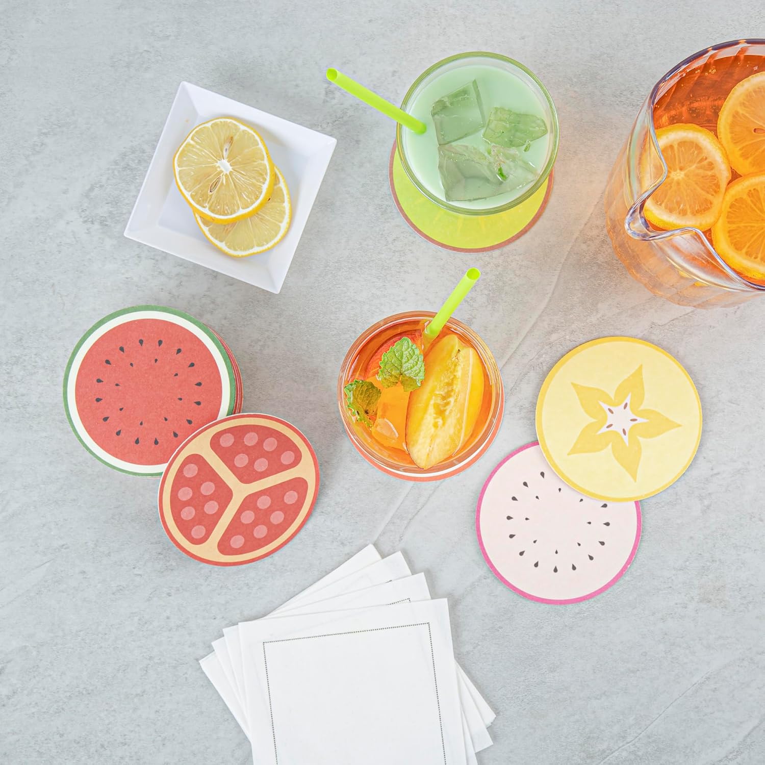 Restaurantware Drink Coasters 480 Count 3.5 Inch Paper Moisture-Absorbing Bar Coasters Assorted Decorative Table Coasters for Tabletop Protection Assorted Colors