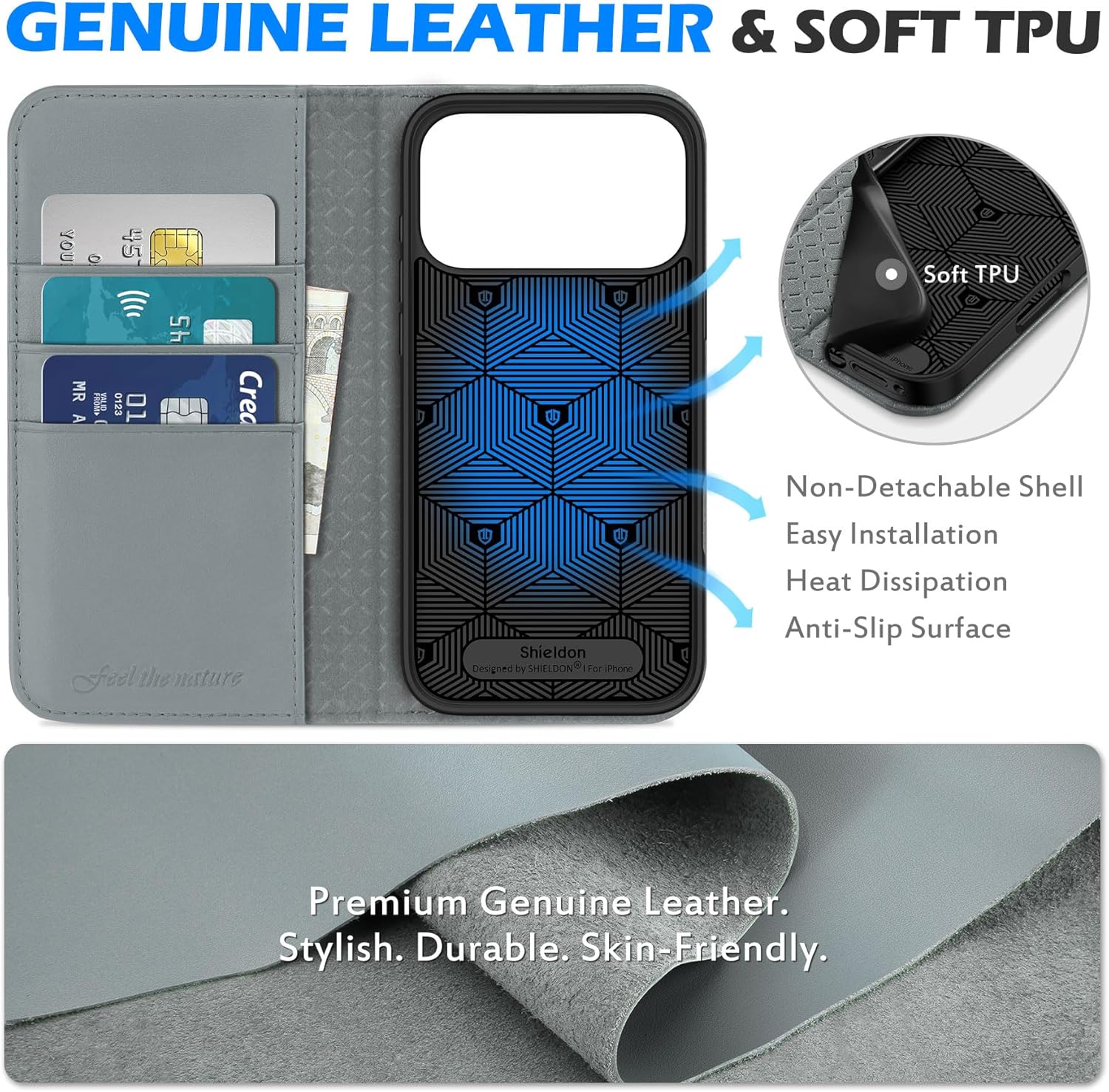 SHIELDON Real Leather Wallet Case for iPhone 17 Pro Max 6.9-inch 5G 2025 | Kickstand | RFID Blocking Card Holder | Magnetic Closure | Folio | Shockproof Protective Phone Cover | Gray - Image 3