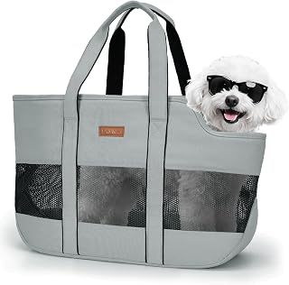 Lekereise Dog Purse Carrier for Small Dogs & Cats - Stylish Tote Bag with Harness Clip, Breathable Mesh, Large Space (Gray)