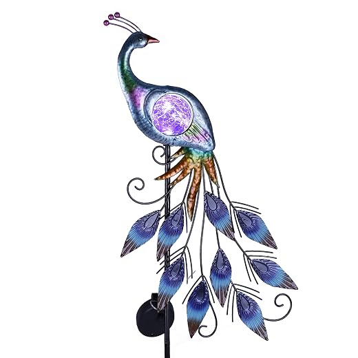 Peacock Solar Garden Stake with Crackle Glass