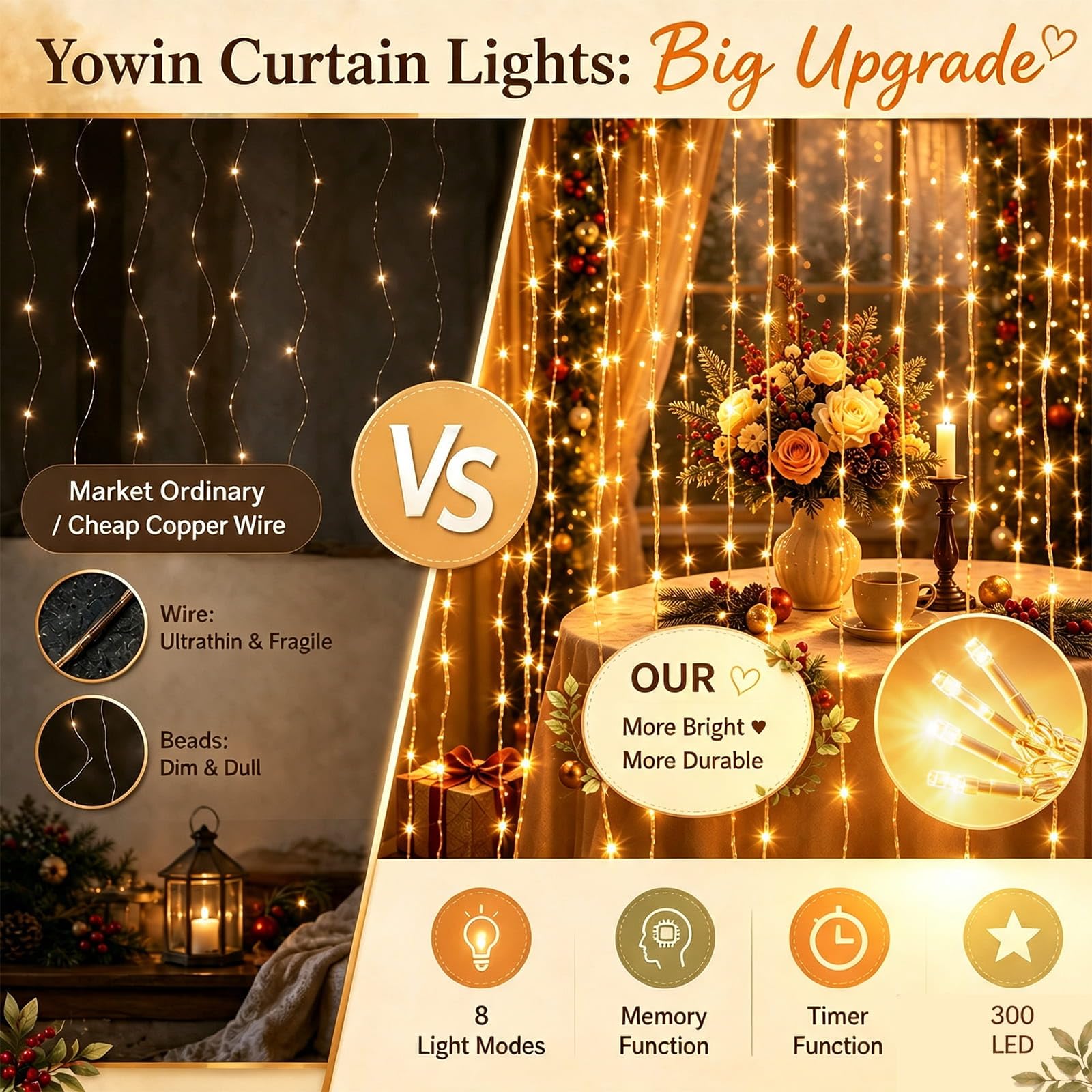 yowin Guirlande Lumineuse 2 Pièces 3m x 3m 300 LED Rideau Lumineux Noël | 8 Modes et Timer Rideau LED pour Décoration Chambre Noël Mariage Extérieur Interieur - Blanc Chaud