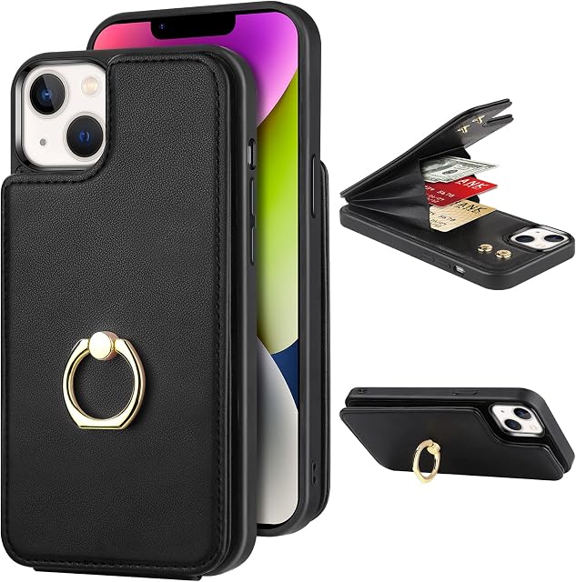 Coolden for iPhone 14 Case Wallet Case with Card Holder Rotation Ring Holder PU Leather Flip Card Slot Shockproof Case RFID Blocking TPU Bumper Protective Phone Case Cover for iPhone 14 6.1"-Black
