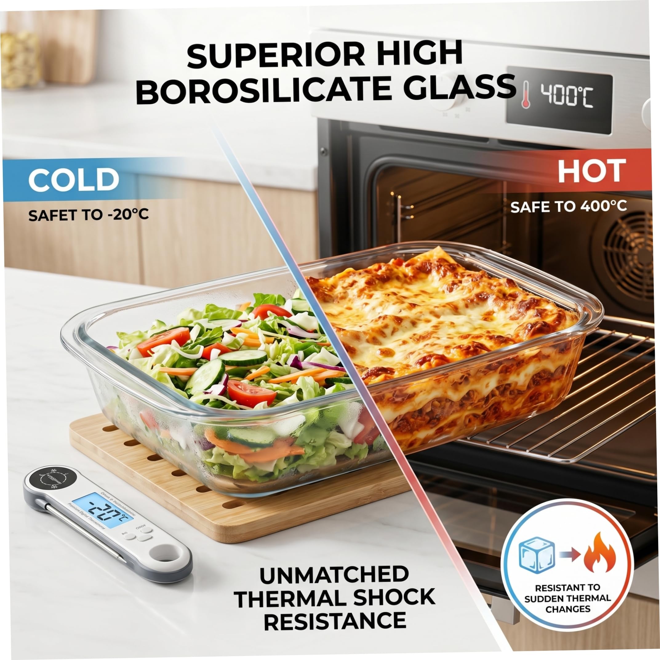 Molde de vidrio para hornear, rectangular, para lasaña de borosilicato de 3 cuartos de galón, 5 cm, apto para horno y microondas