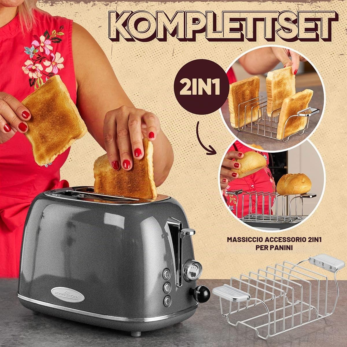 ProfiCook Tostapane Vintage a 2 Fette - Design Elegante Con Ampia Fessura e Cassa in Metallo Massiccio - Retrò Con Portapane - PC TA 1193 Antracite
