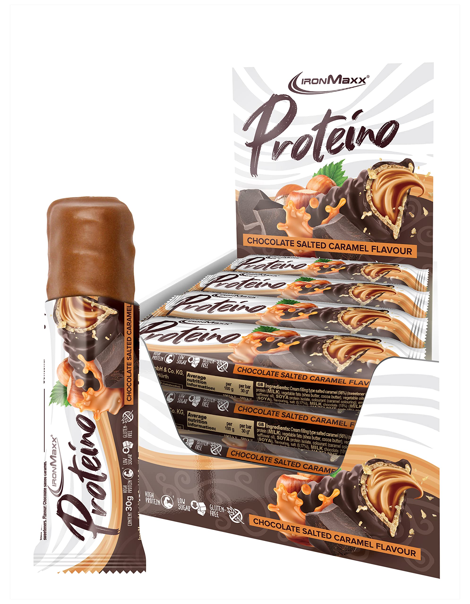 IronMaxx Proteino Proteinriegel - Chocolate Salted Caramel 12 x 30g | High-Protein-Bar auf Waffelbasis mit cremiger Füllung | zuckerreduzierter Eiweißriegel glutenfrei und palmölfrei