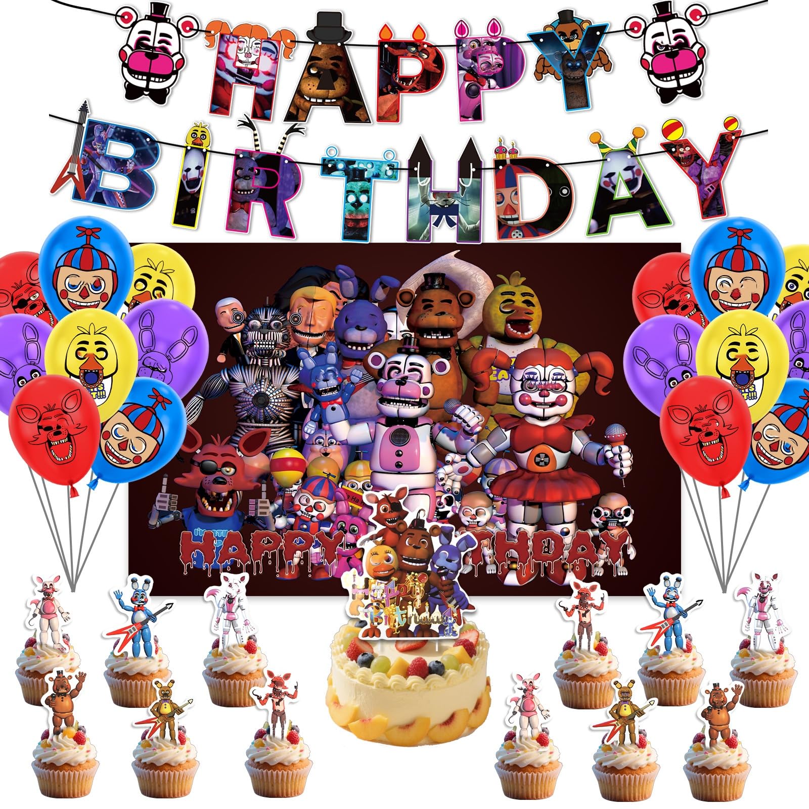 Theme Birthday Party Decorations, 43PCS Kids Cartoon Balloons Kit Include Happy Birthday Backdrop Banner Balloons Cake Toppers for Boys Girls Party Theme Supplies Decoration