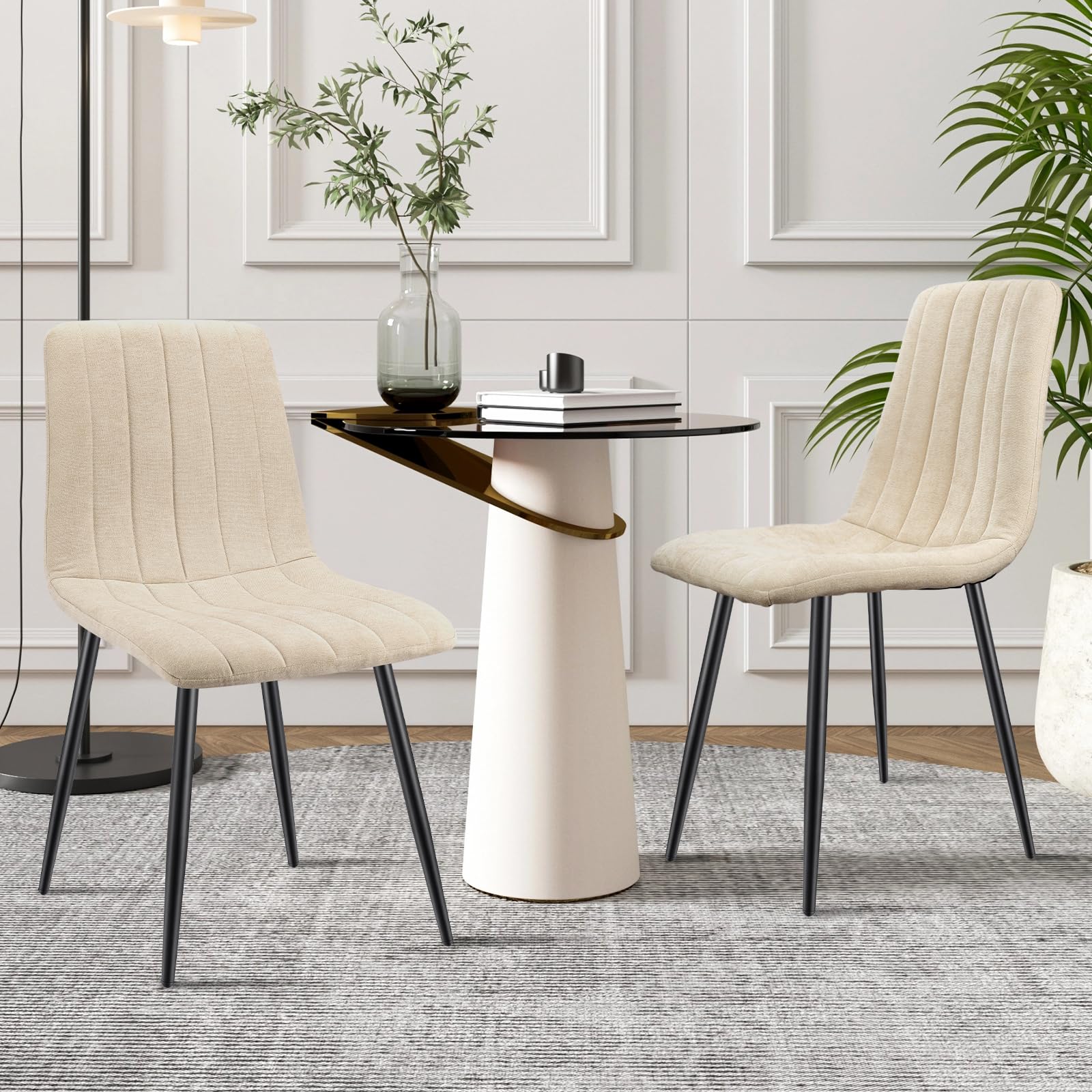 Set di 4 Sedie da Pranzo,Sedia da Cucina Con Piedi In Metallo Nero,Sedie Imbottite Con Tessuto di Lino,Sedia da Camera da Letto,Sedia da Salotto,Sedia da Soggiorno,Sedie Moderne-Beige