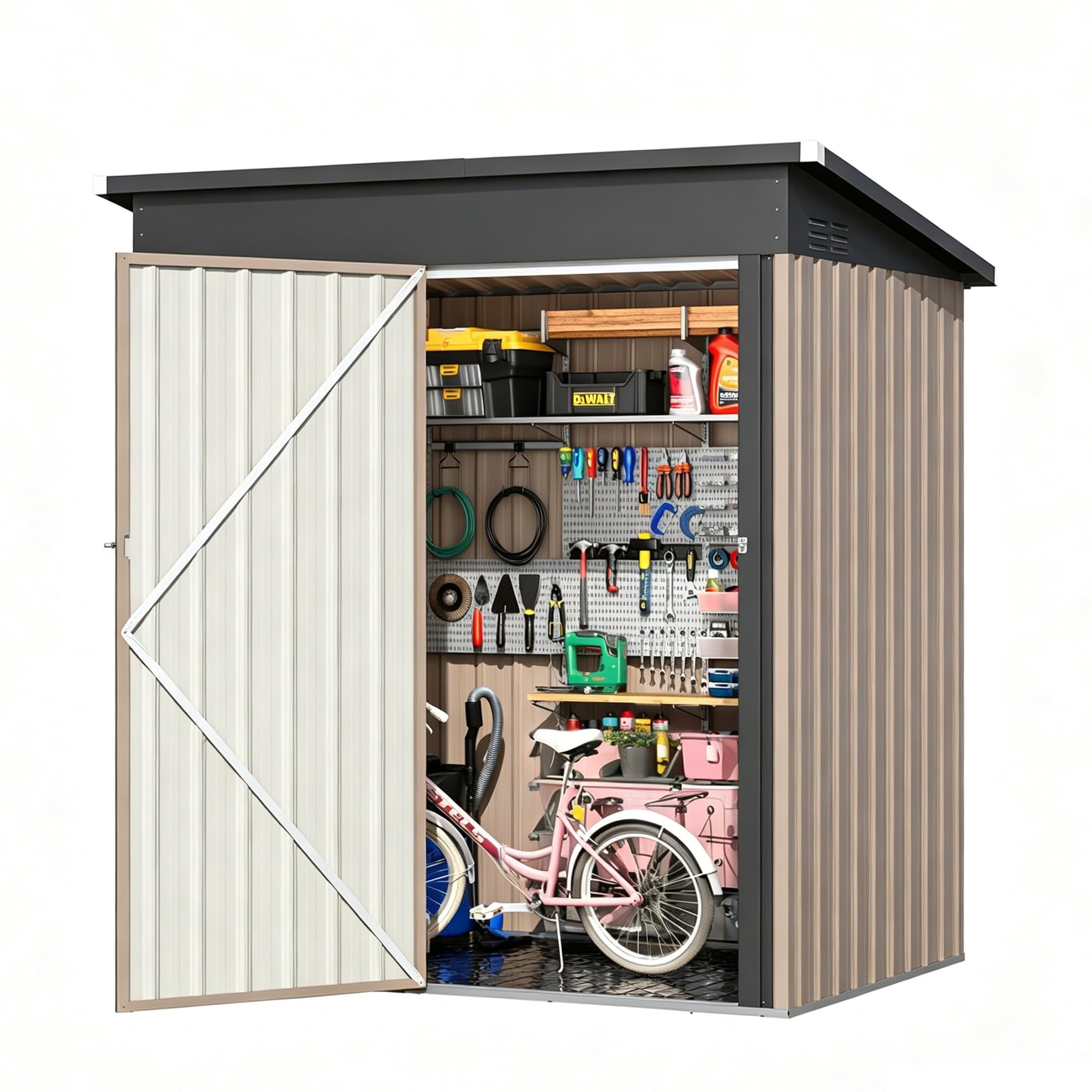 YODOLLA Abri de Jardin Métal, Cabane de Jardin Extérieur avec Sol Intégré & Toit Incliné, Porte Coulissante, Résistant aux Intempéries, Rangement Outils pour Jardin & Stockage（Gris, 162 x 101 x 185cm）