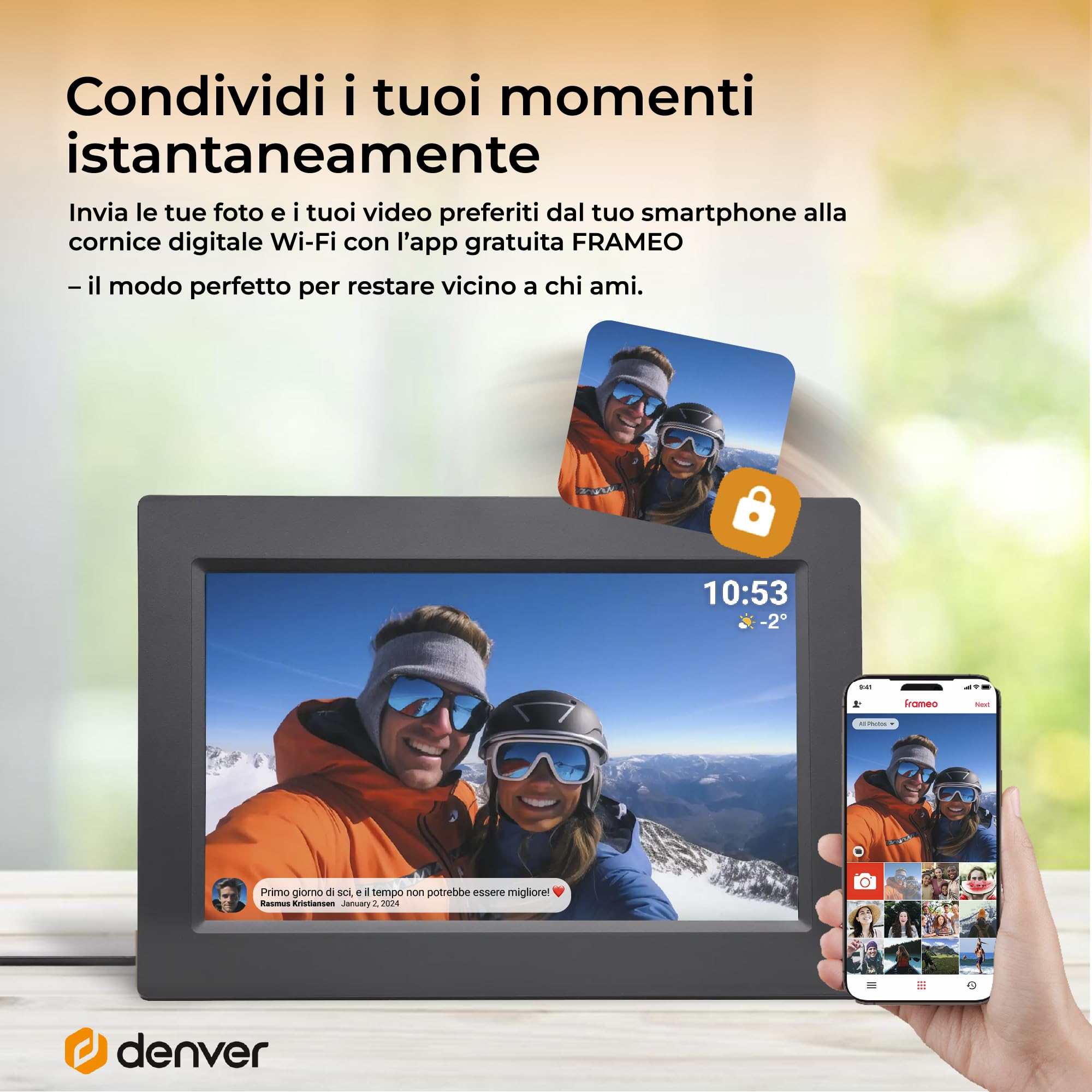 Cornice Digitale 10 Pollici WiFi – Schermo IPS HD 1280x800 – Portafoto Digitale Frameo Denver per Foto e Video – Cornice Elettronica Touchscreen Smart – 16GB Memoria – Slot microSD – Nera