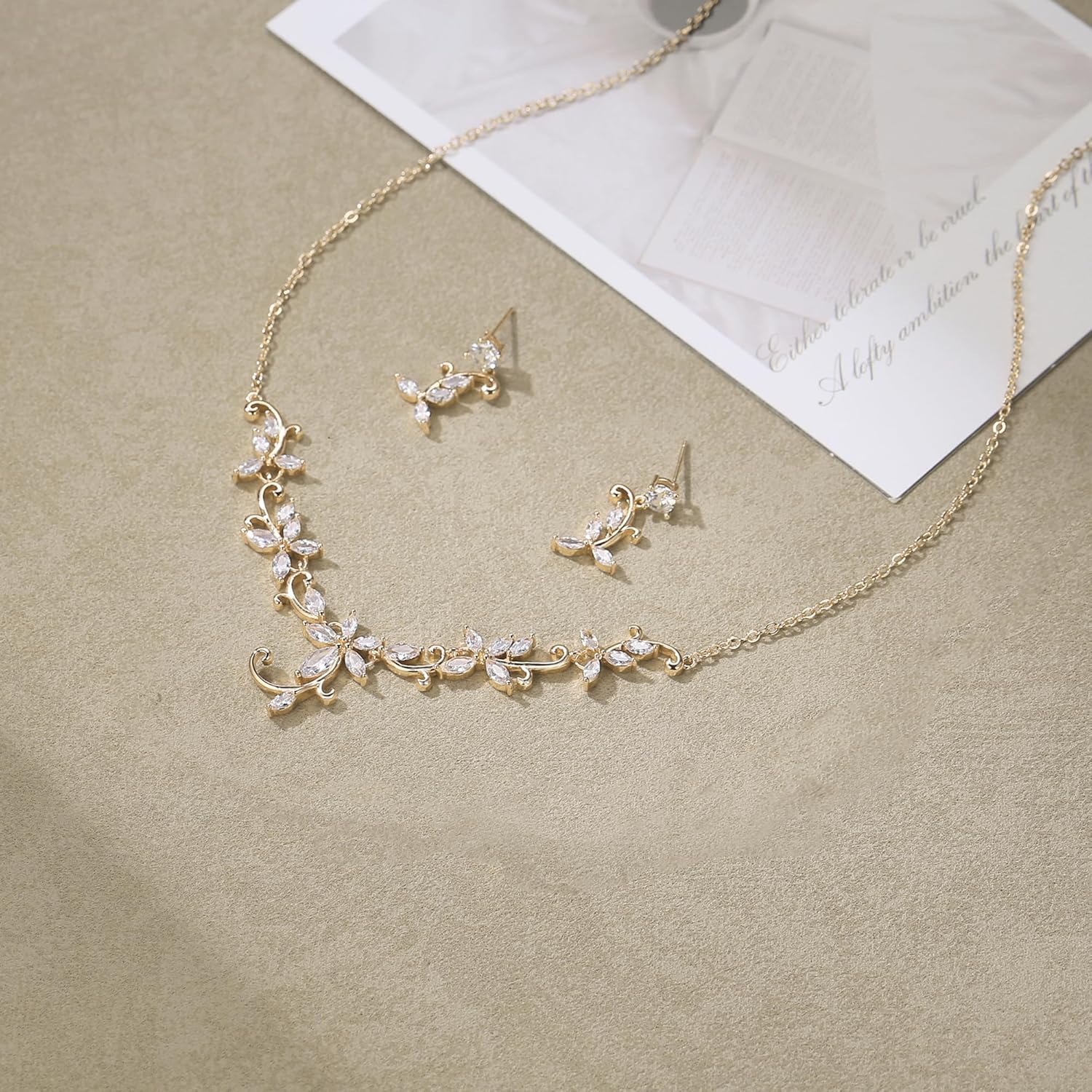 Crysdue Flower Leaf Wedding Jewelry Set for Bridal Bridemaid, Cubic Zirconia Teardrop Elegant Silver/14K/Rose Gold Plated Vine Necklace Dangle Earrings for Prom Party