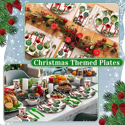 Miniatura 5 de Umigy Juego de vajilla de 350 piezas de Navidad para 50 invitados, platos de papel ovalados de Navidad y servilletas, vasos desechables, cuchillos,