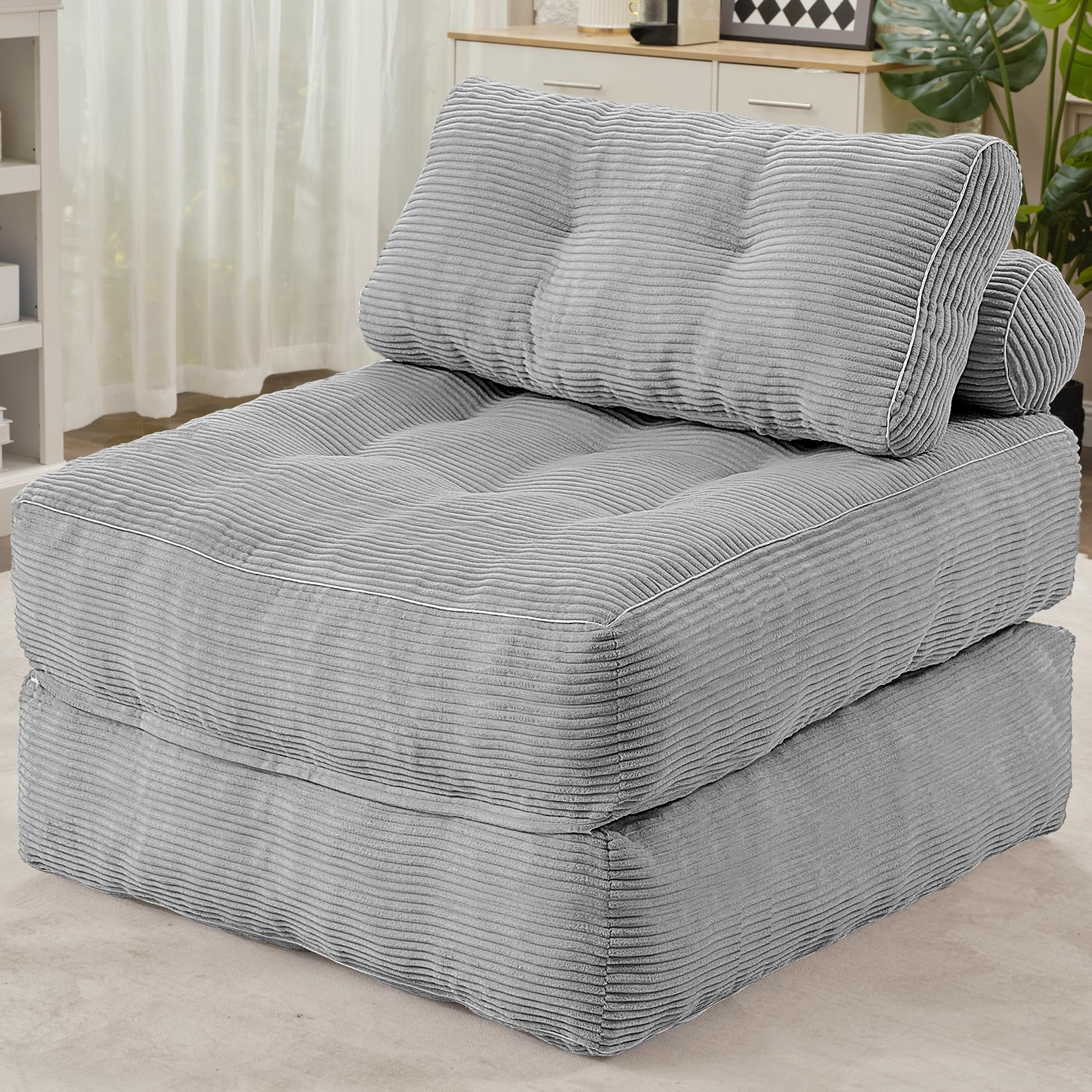 HABUTWAY Folding Sofa Bed, Convertible Sleeper Chair Bed w/Dual-Pillow & Handle, Foldable Floor Sofa Lounge w/Back Support for Living Room, Bedroom, Apartment, Office - Light Grey