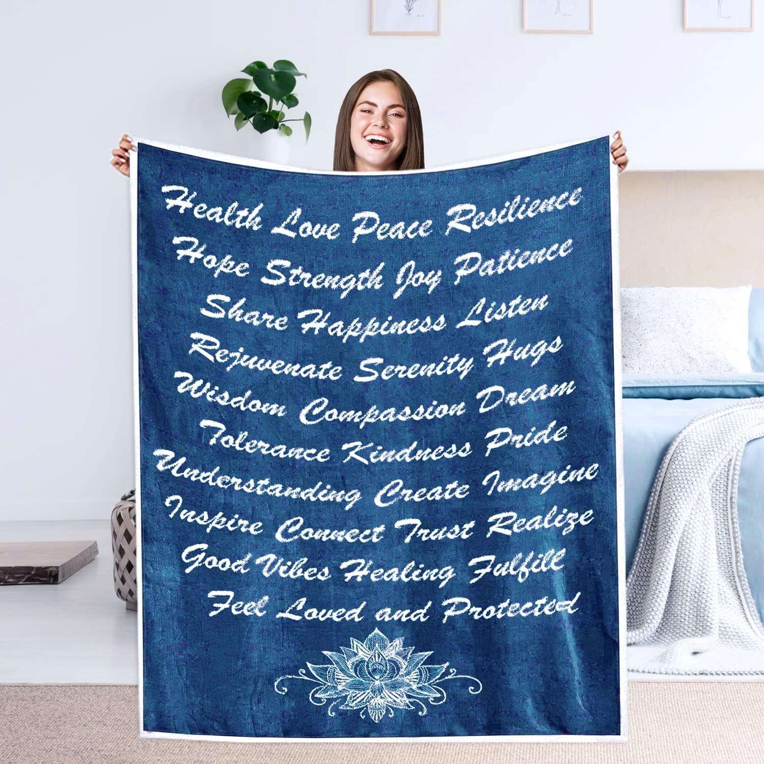 Lotus Flower Fluffy Blanket with Inspirational Words by C