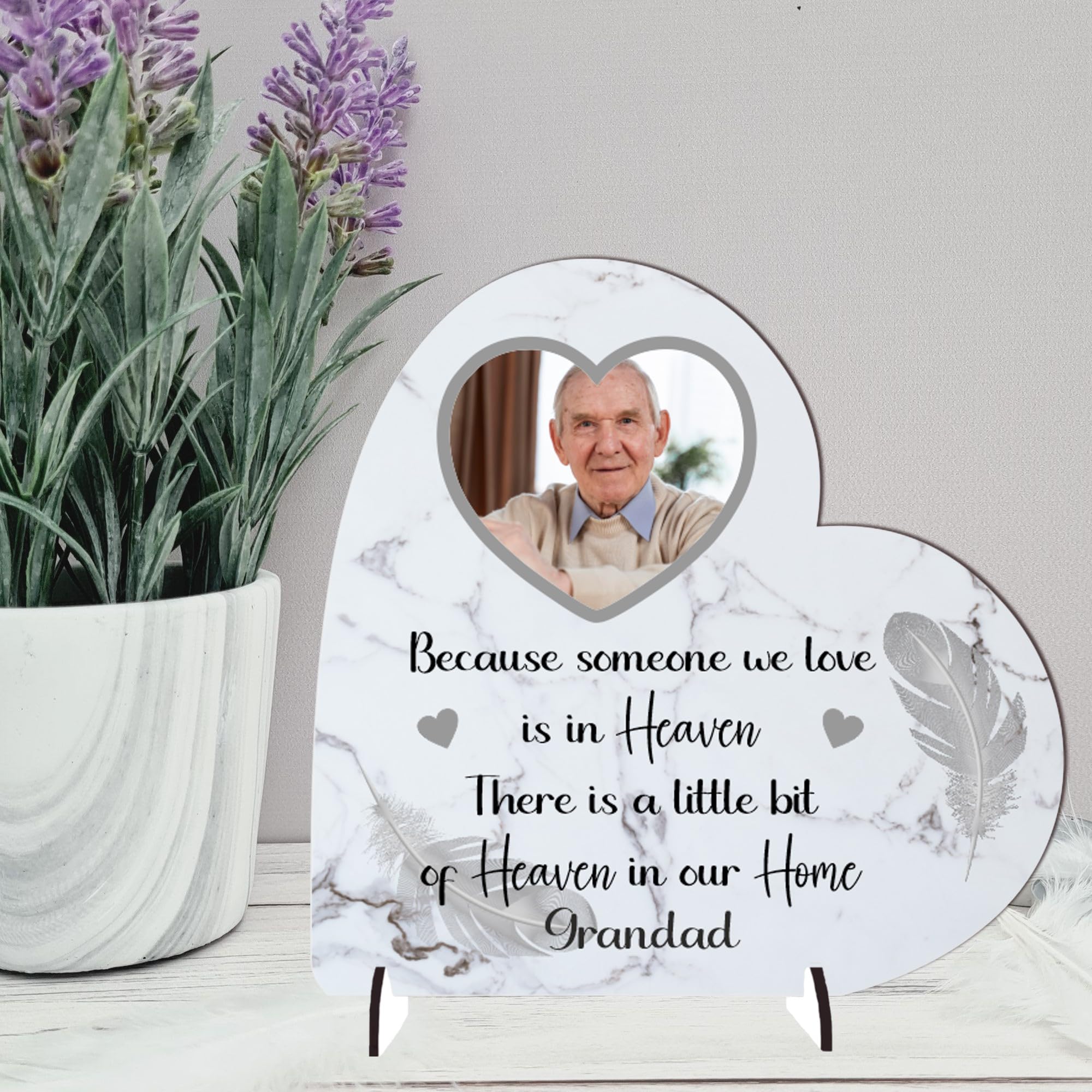 Pixie's Gifts Personalised Bereavement Photo Plaque, Custom Memorial, Available in MDF or Acrylic, Heartfelt Heaven Quote, (Mdf Wood 8.5cm x 8.5cm, Grey Feather) — image 1