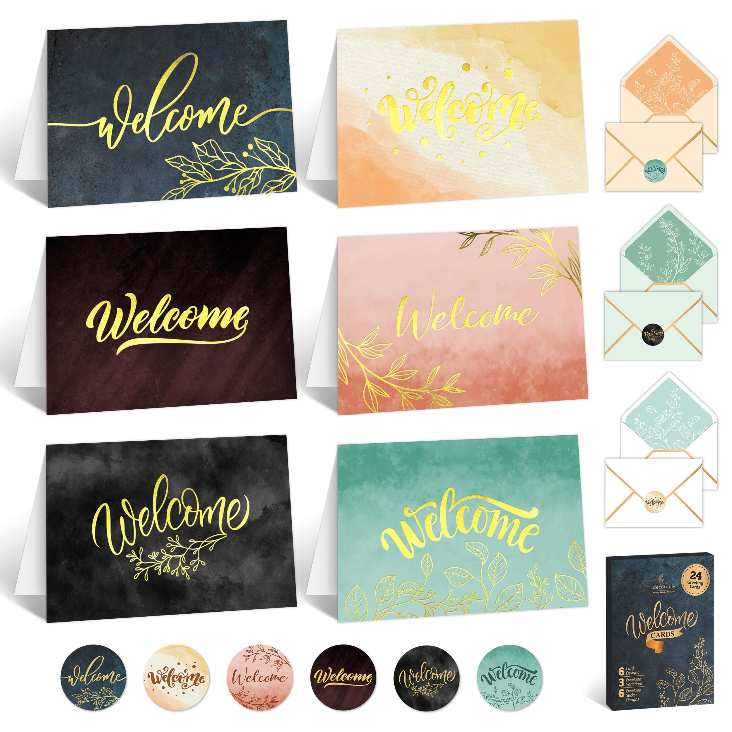 Decorably 24 Pack Gold-Foiled 6x4in Welcome Cards with Envelopes and Stickers, 6 Elegant Designs Welcome Cards for Guests, Blank Inside - New Employees, Team, Housewarming, Home, Business, Wedding
