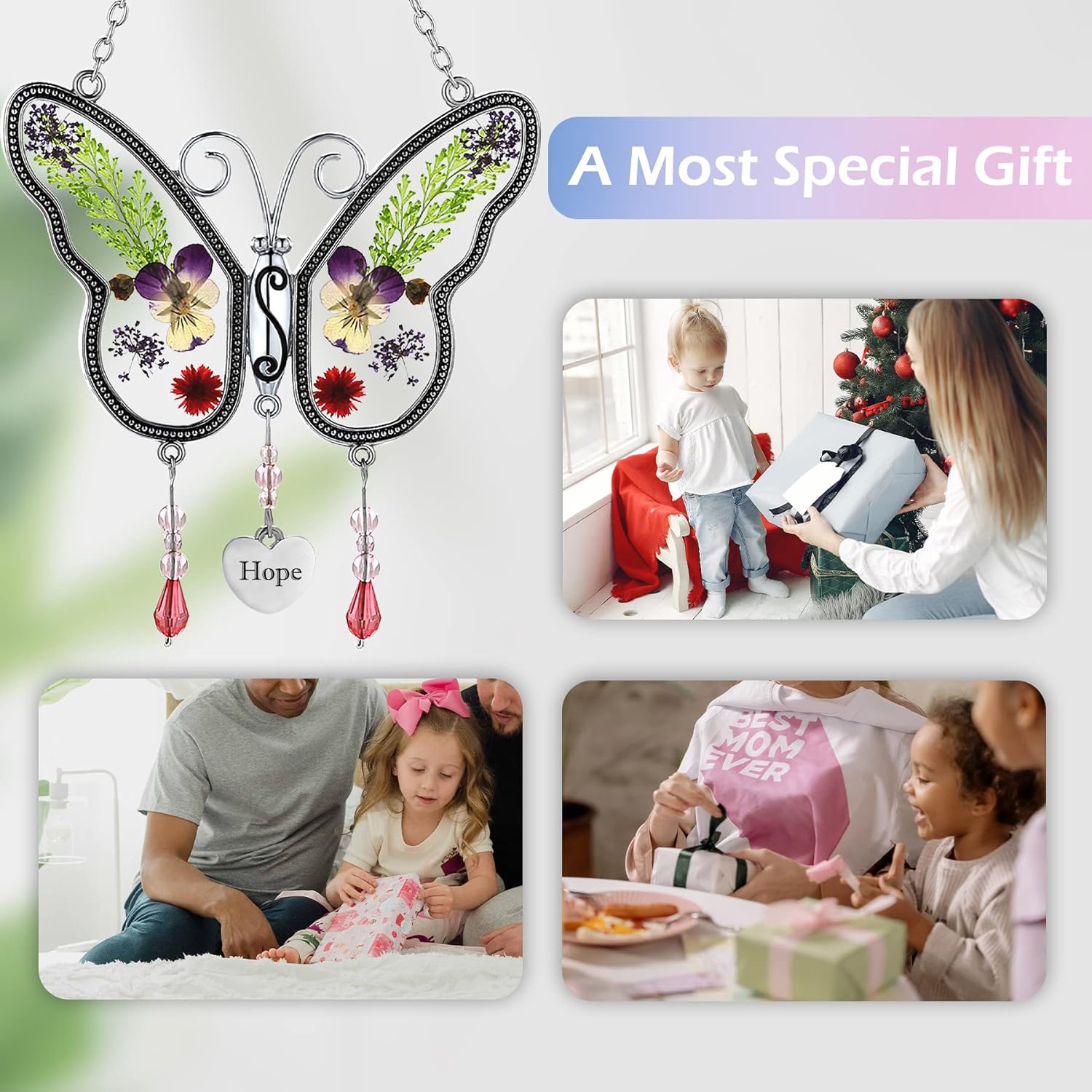KUNDGLA Suncatcher Hope Butterfly Stain Glass Sun Catchers for Windows to Wind Chime with Pressed Flower Wings Embedded in Glass with Metal Trim Grandma Heart Charm Gifts for Birthdays Christmas