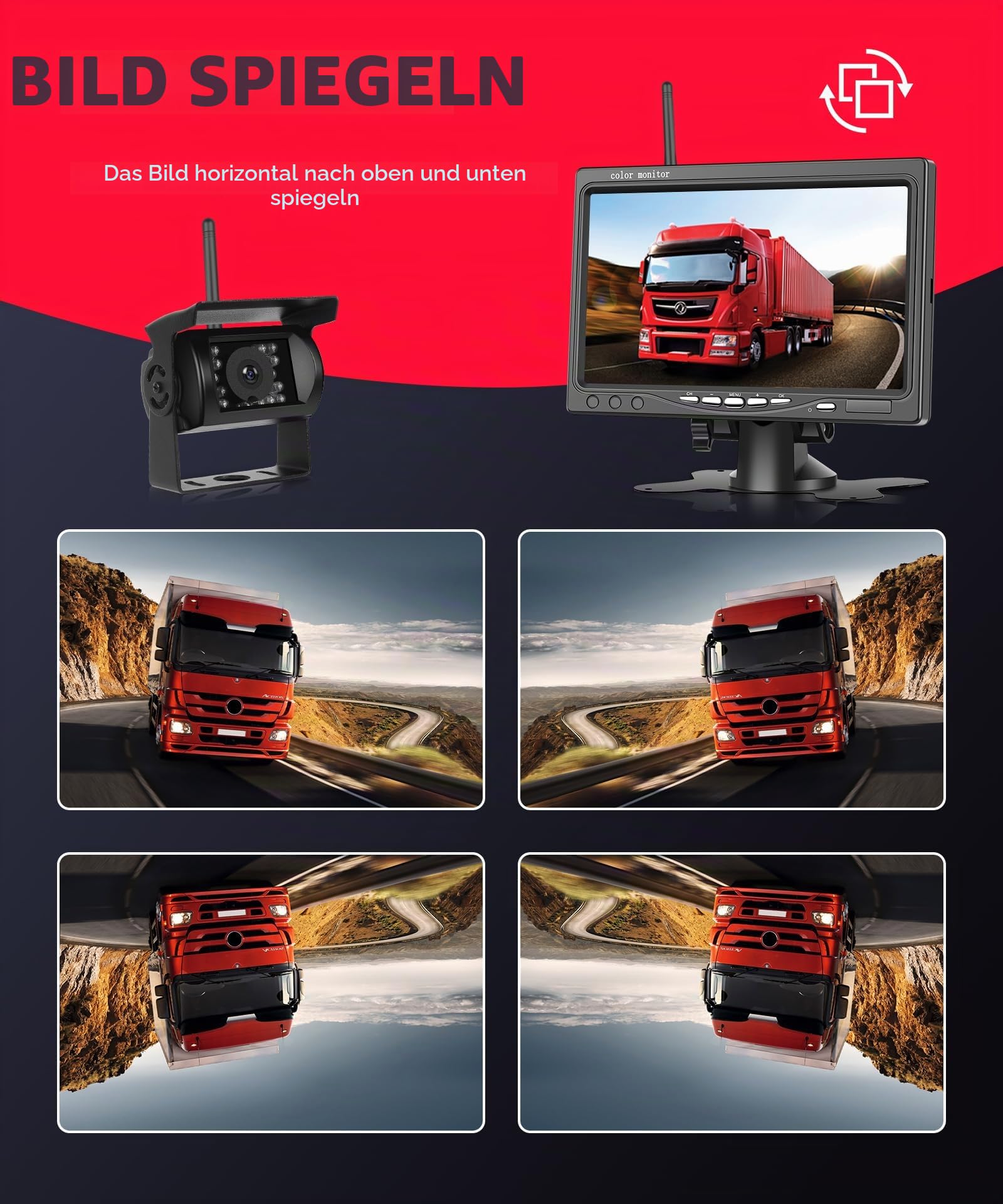 Rimoody Kabellos Rückfahrkamera Set mit 7 Zoll Monitor, 1080P Funk Rückfahrkamera IP68 Wasserdicht, Nachtsicht, BSD, Image Flip, Rückwärtshilfe für LKW/Bus/Van/Wohnmobile/Anhänger/Landfahrzeug 12V-36V