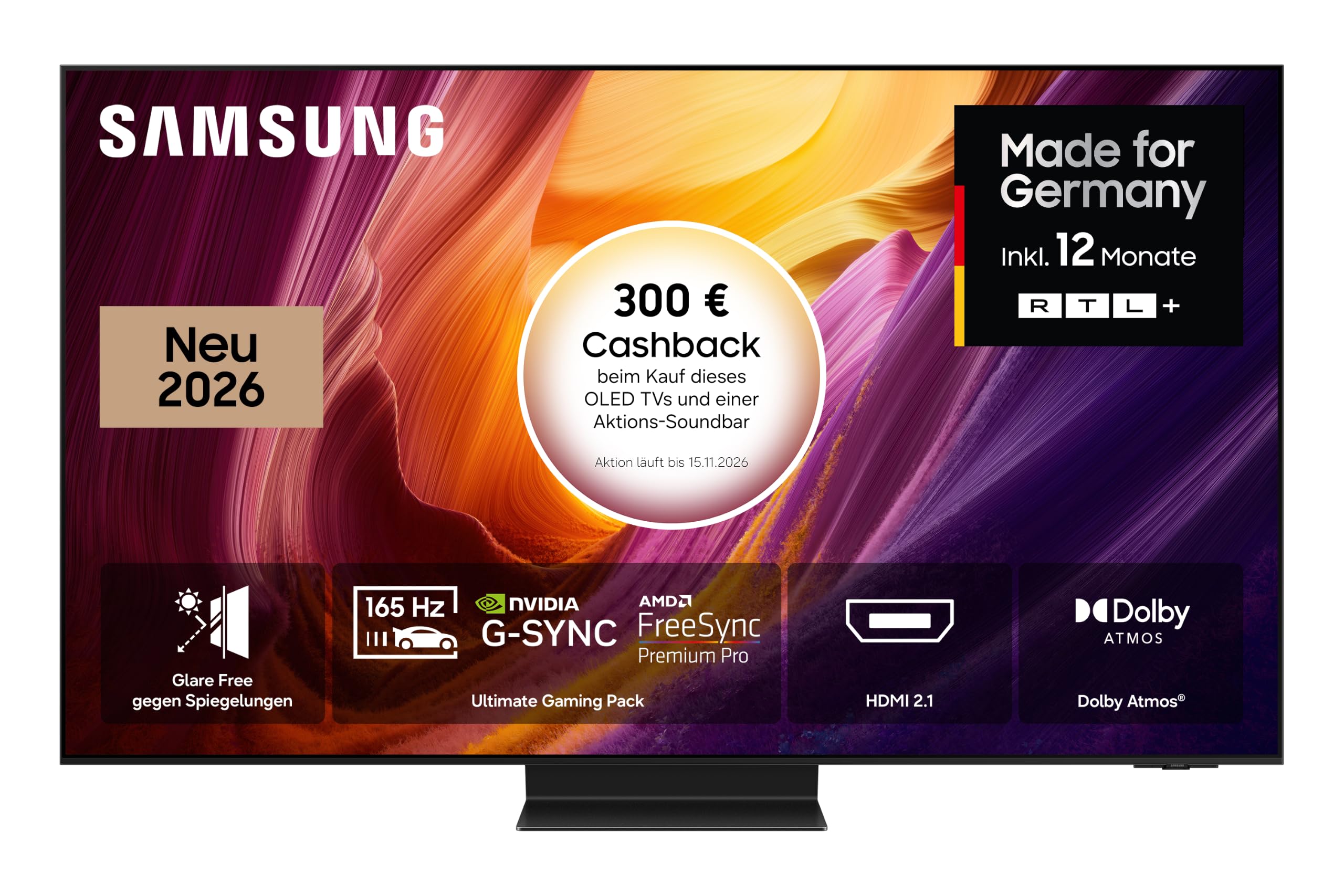 Samsung OLED S95H 4K 65 Zoll (163 cm), UHD Fernseher, Antireflexion mit Glare Free, OLED HDR pro, Ultimate Gaming Pack (NVIDIA G-SYNC & AMD FreeSync Pro) mit 165Hz, HDMI 2.1, Dolby Atmos, Smart AI TV