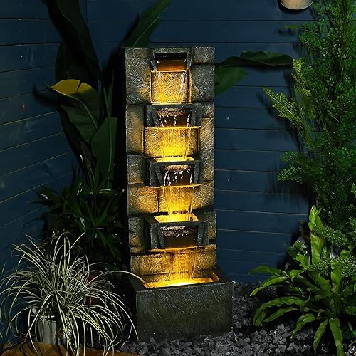 41.1" Garden Water Fountain Outdoor – 5-Tier Modern Cascading Resin Waterfall Fountain with LED Light, Mossy Stone Look, Floor-Standing Outdoor Water Feature for Patio, Yard, Deck, Home Décor