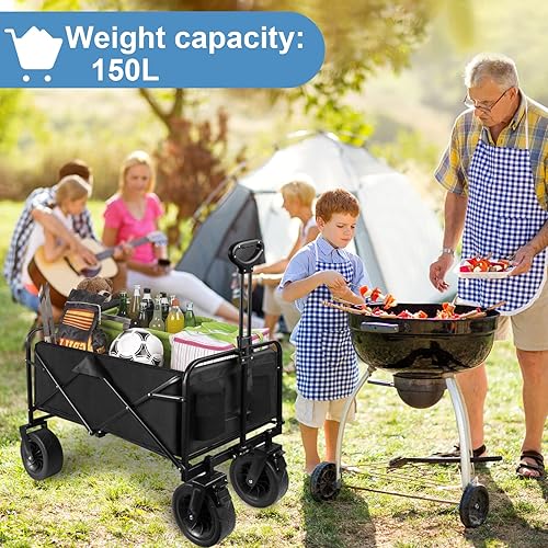 Miniatura 7 de Collapsible Folding Garden Cart with Brake, Outdoor Camping Wagon with 360 Degree Swivel 8" Off-Road Wheels and Adjustable Handle, 330lbs Weight