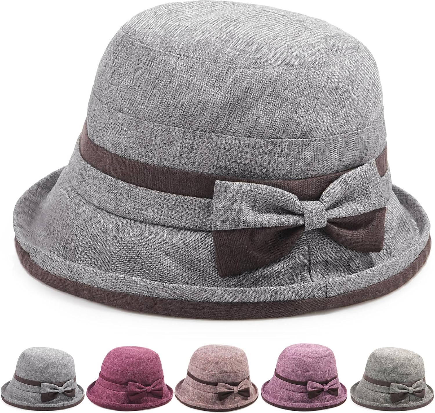 Initlove Womens Cloche Hat Vintage Fedora Bucket Bowler Hats Rolled Brim with Bowknot