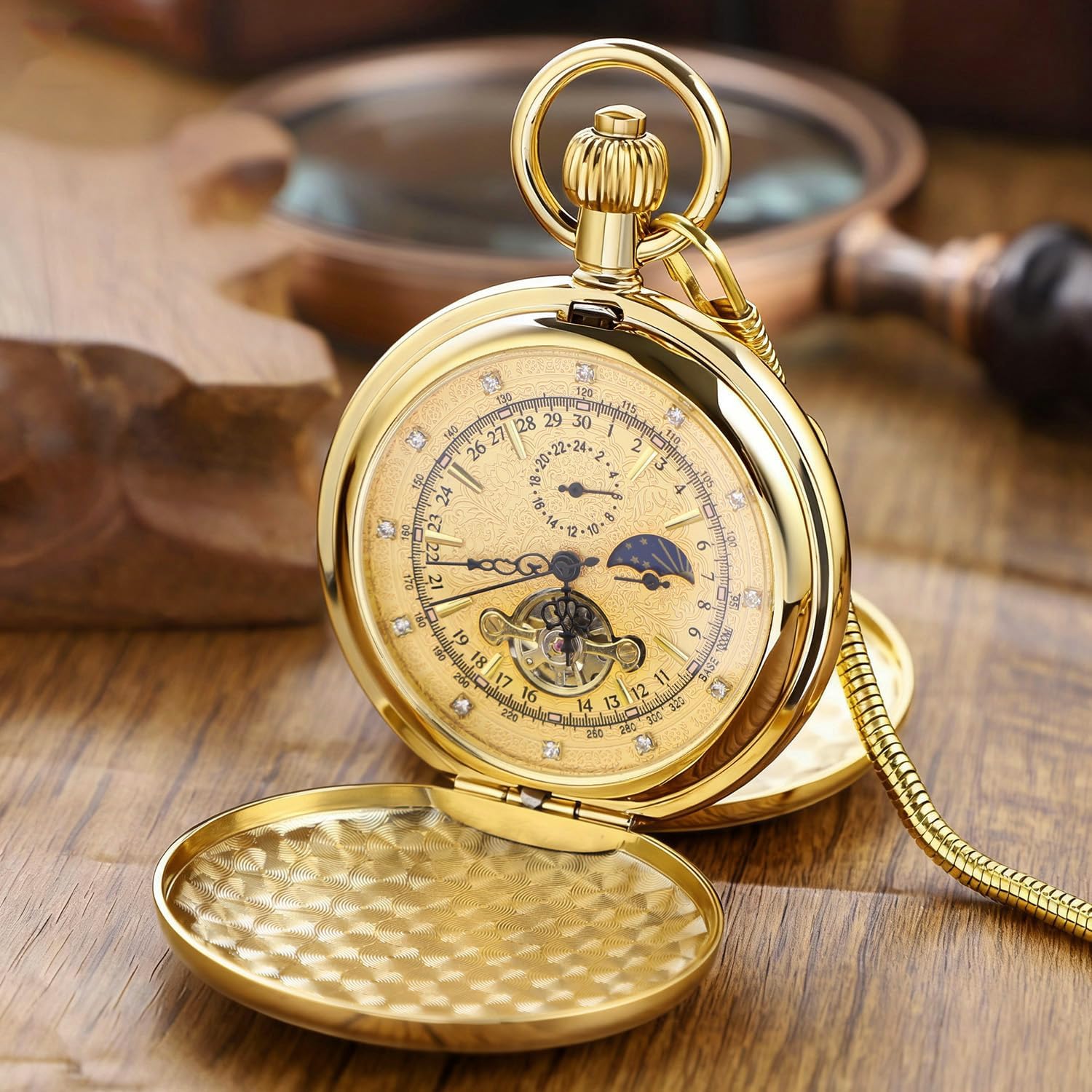 Tiong Reloj de bolsillo mecánico de doble cara con esfera dorada con números romanos dorados