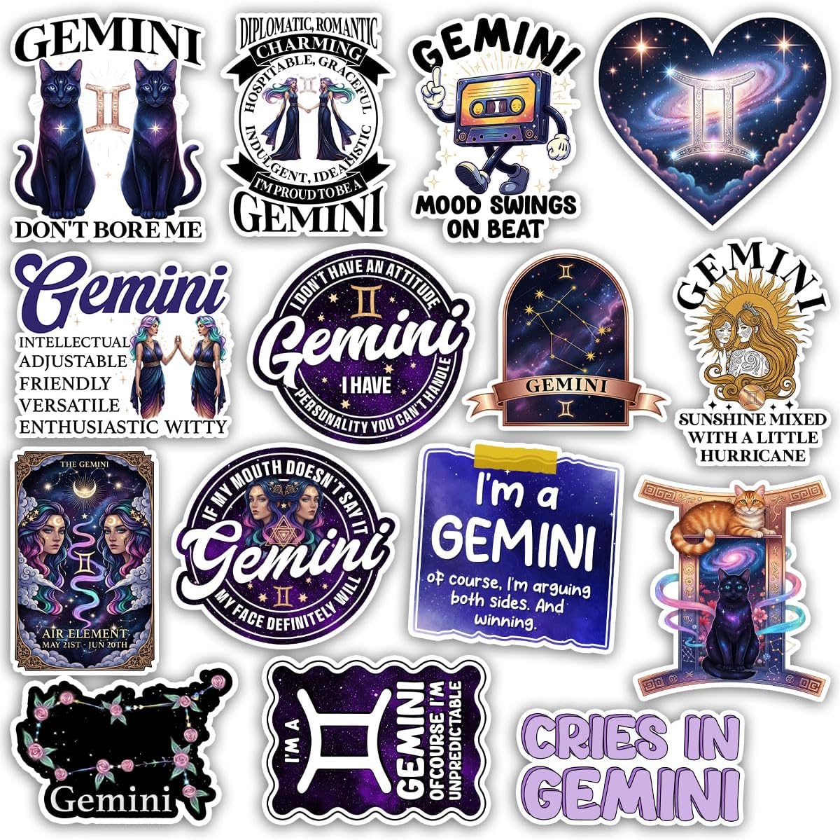 TODOLIA (15Pcs-3in) Zodiac Sign Gemini Sticker Pack, Gemini Constellation Horoscope Astrology Sticker, May June Birthday Chart Gift, Decoration for Laptop Tablet Water Bottle Helmet Vehicles