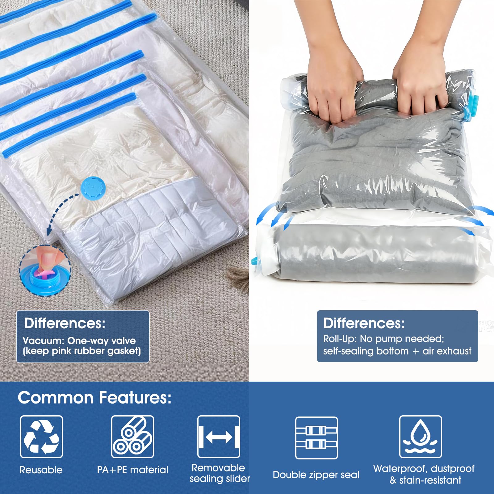 AROIC Set di 50 sacchetti sottovuoto salvaspazio per vestiti, coperte, conservazione stagionale con pompa elettrica, sacchetti sottovuoto per bagagli, accessori da viaggio e organizzazione della casa