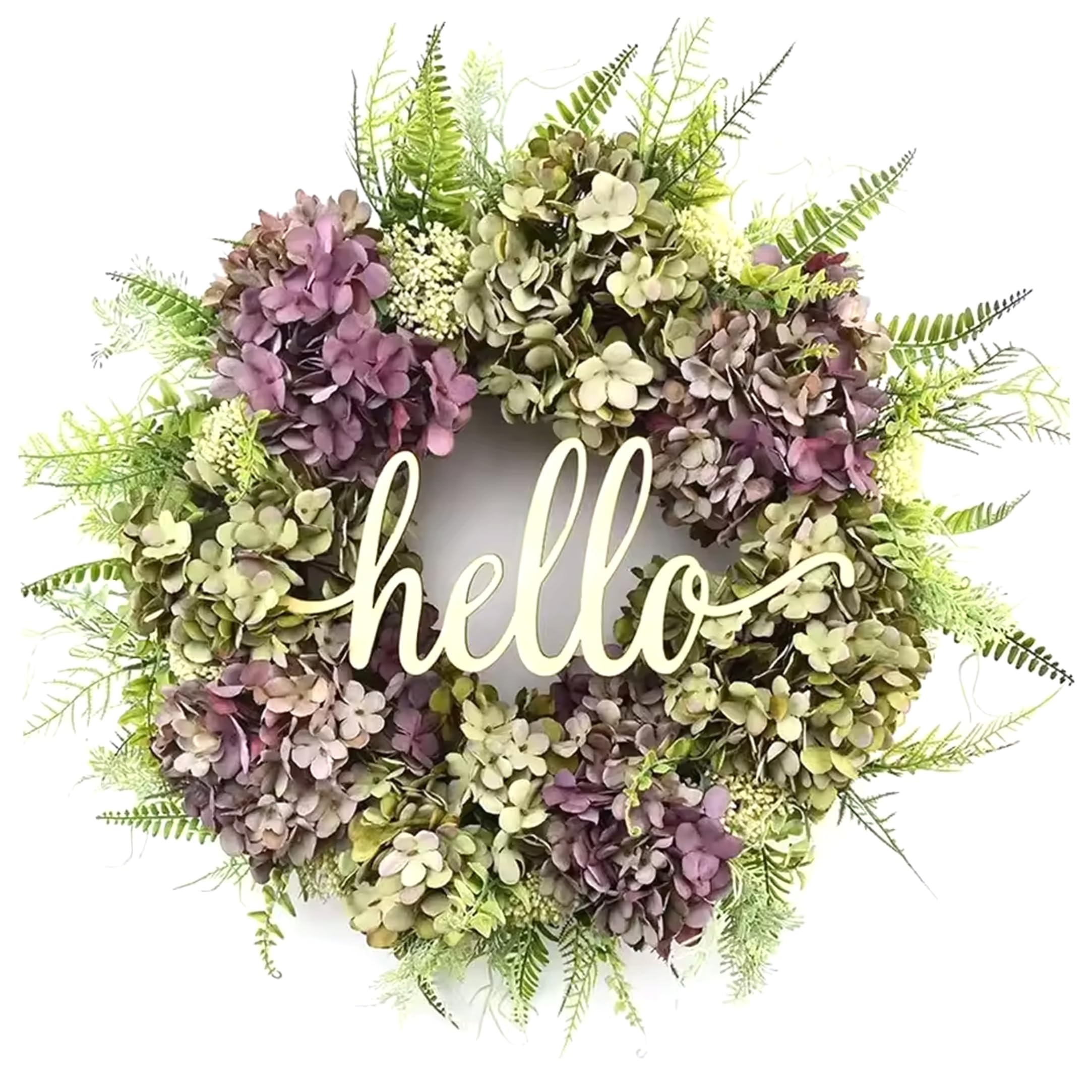 Bemonew Hydrangea Wreath For Front Door - Realistic Artificial Faux Flower Wreaths Outdoor With Welcome Lettering, Purple-green, 17.72 Inch