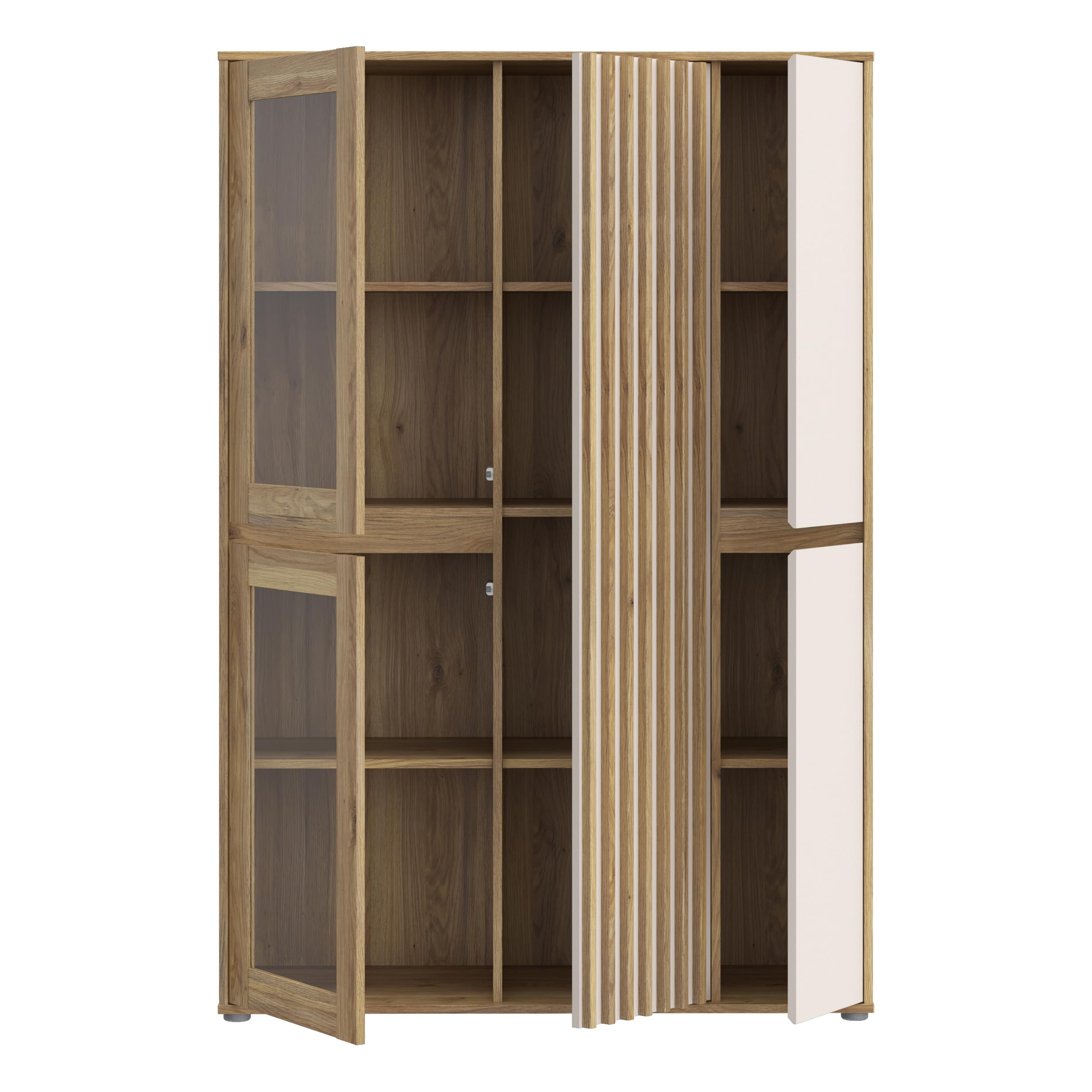 Forte ELISTON Vitrine 100 110, moderner Schrank mit Lamellendesign, 5-türig, Wohn-/Schlafzimmer, Mauvella Eiche Holzdekor|Kashmir Beige, 109,3 cm breit x 161,7 cm hoch x 41,5 cm tief
