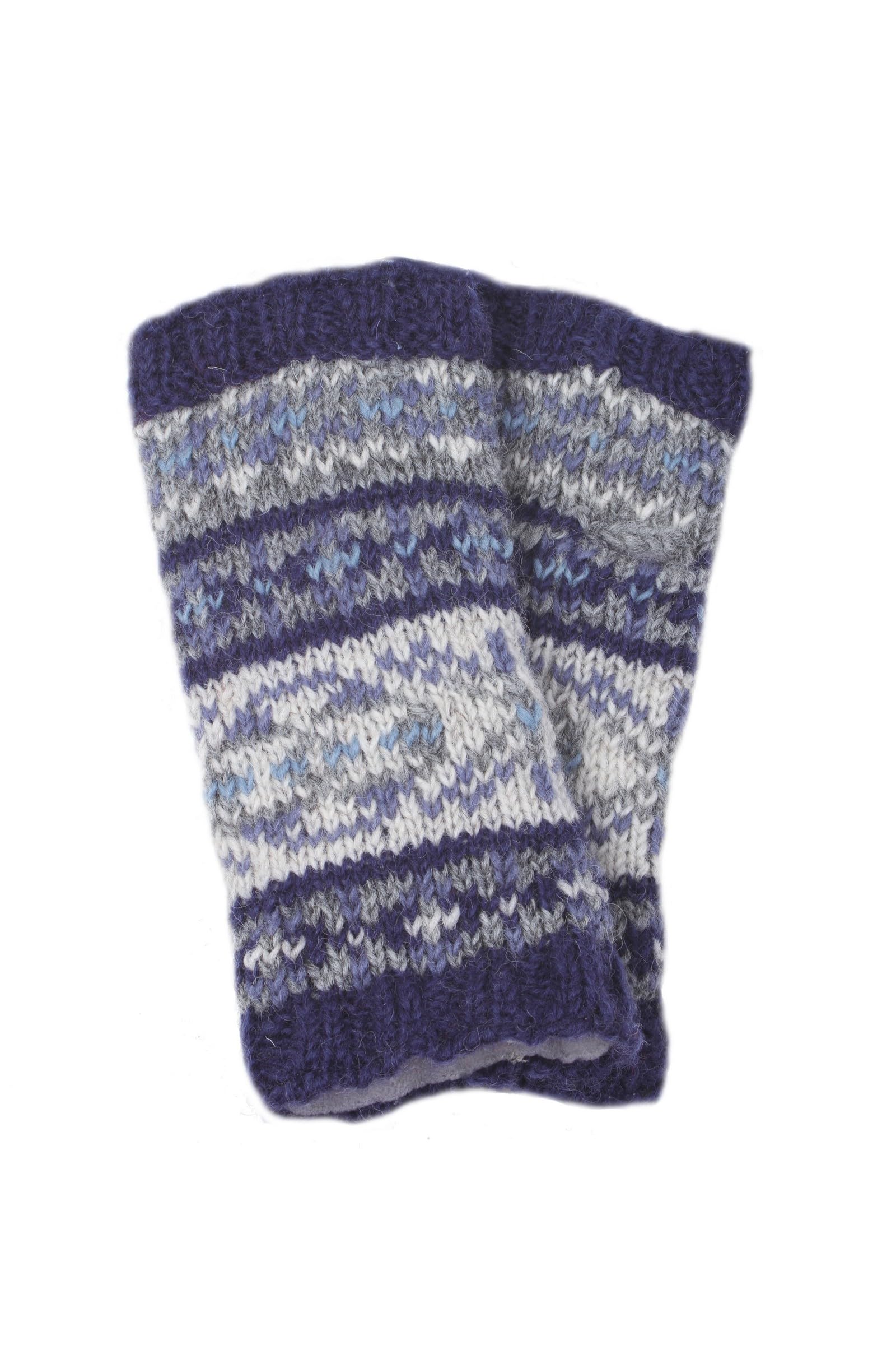 Pachamama Men Wool Hand Wrist Warmers Fleece Lined Handknitted Traditional Fairisle Blue One-Size Handmade Thermal Extra Warm Fair Trade