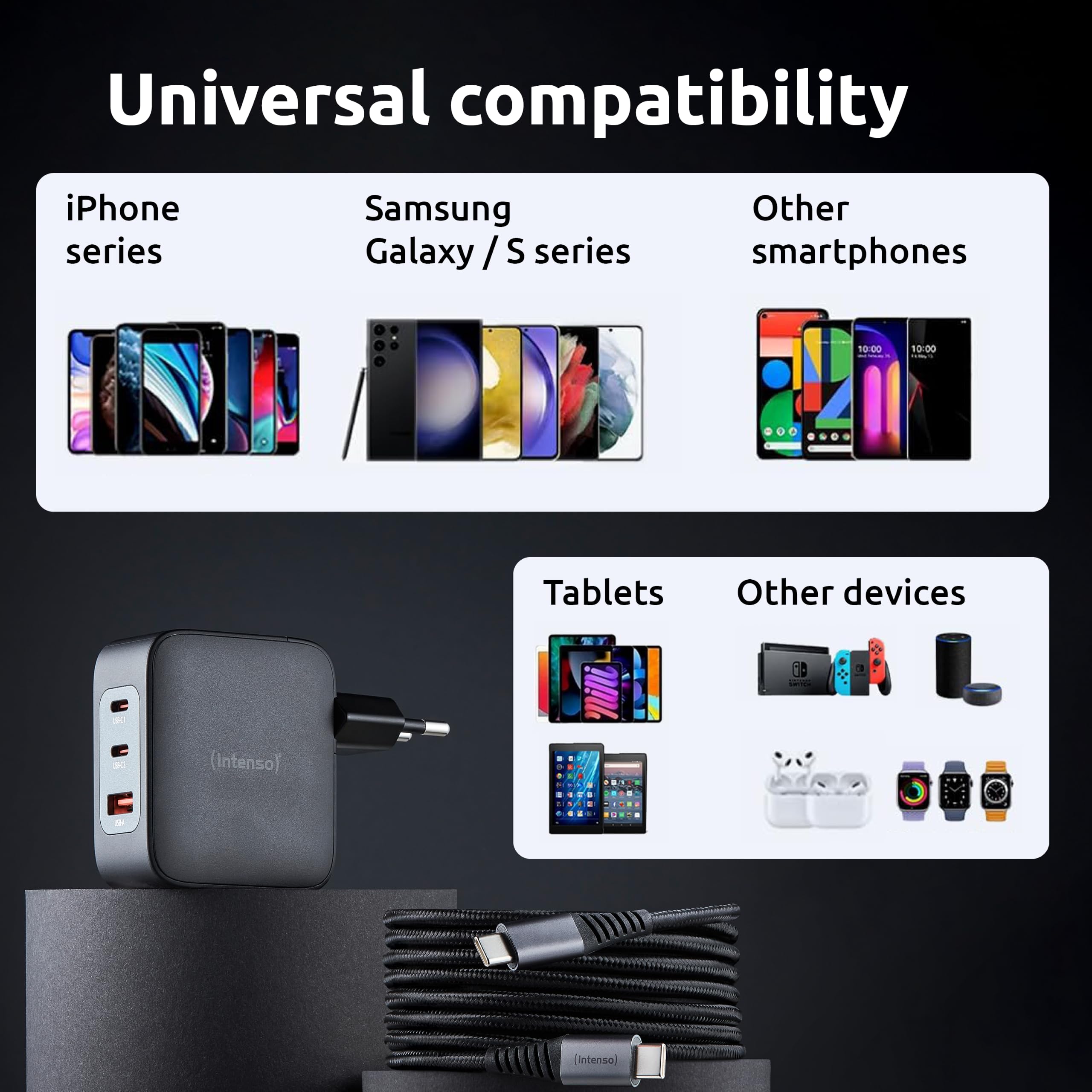Intenso Power Adapter W100ACC GaN + C520C, 2 x USB-A, alimentatore di rete fino a 100 W, ricarica rapida (PD 3.1, PPS e QC 4.0) + USB-C a C dati + cavo di ricarica per iPhone, Samsung Galaxy, colore