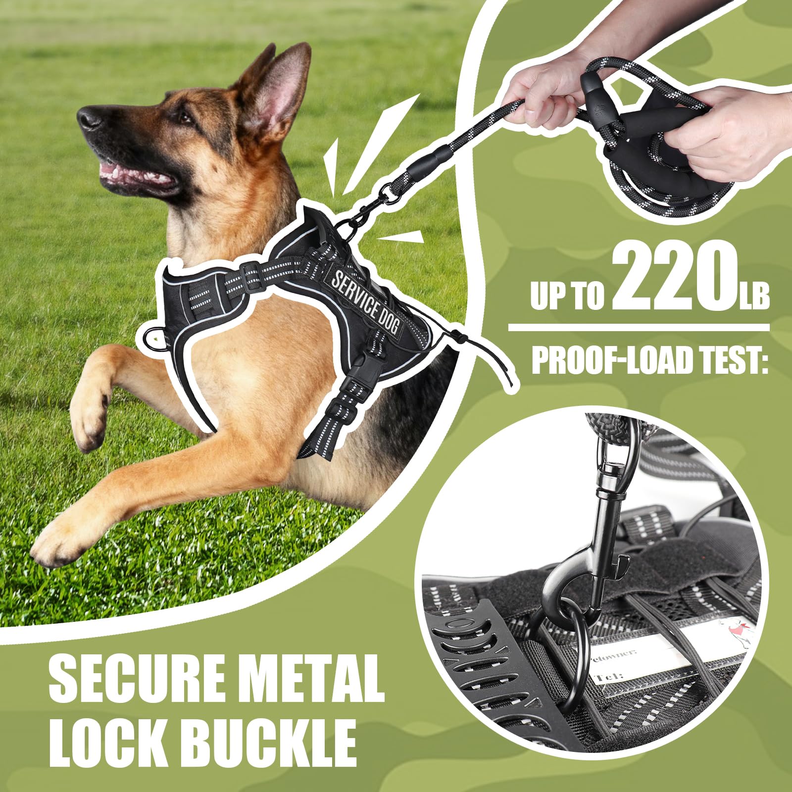 Service Dog - Juego de arnés táctico y correa para perros de gran tamaño, soporte emocional para perros, arnés táctico de entrenamiento con nombre (negro, S)