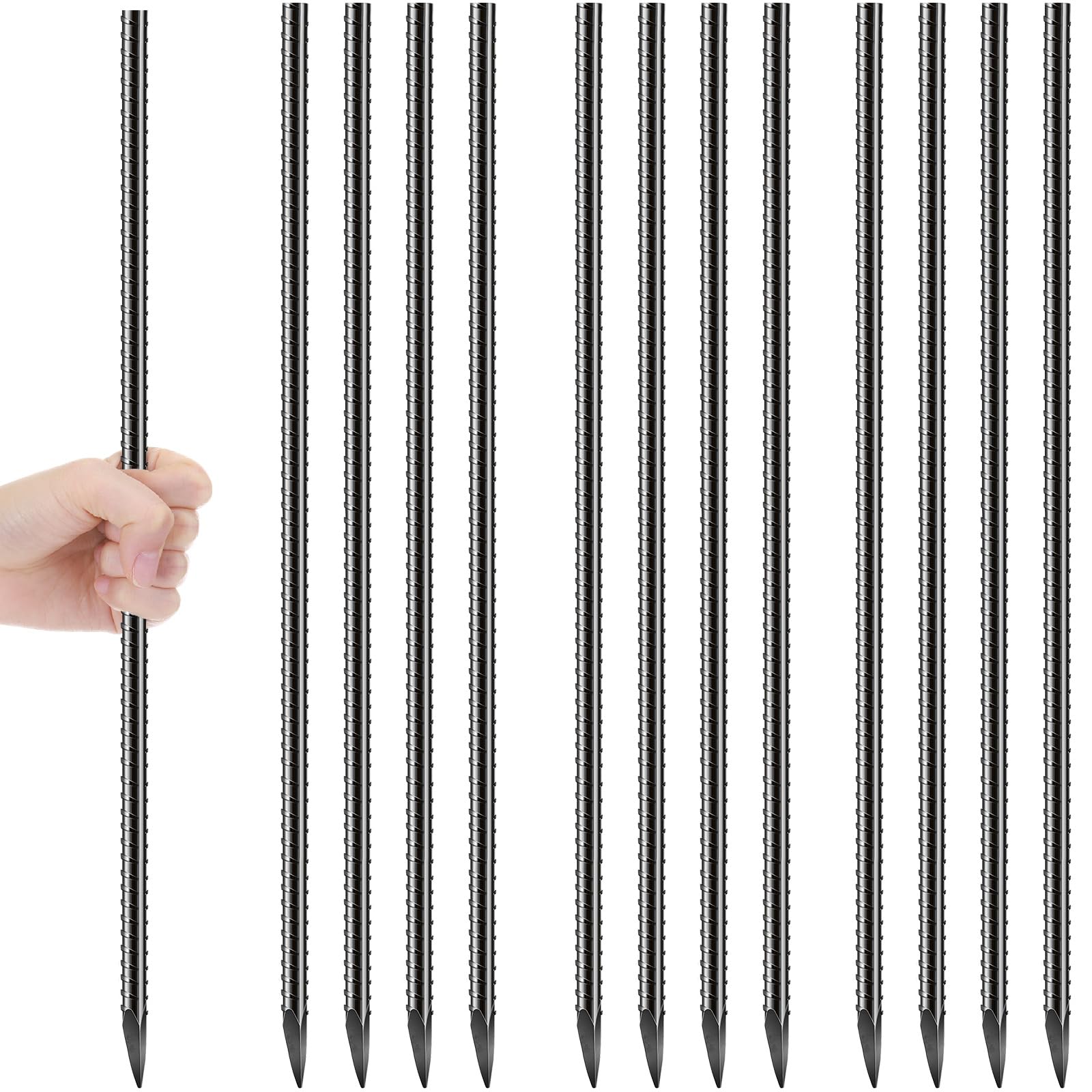 Jetec Lot de 12 piquets d'armature de sol noirs de 61 cm, ancrages au sol robustes en acier pour plantes, piquets de jardin longs et droits en métal avec extrémité biseautée pour jardin, béton, tente
