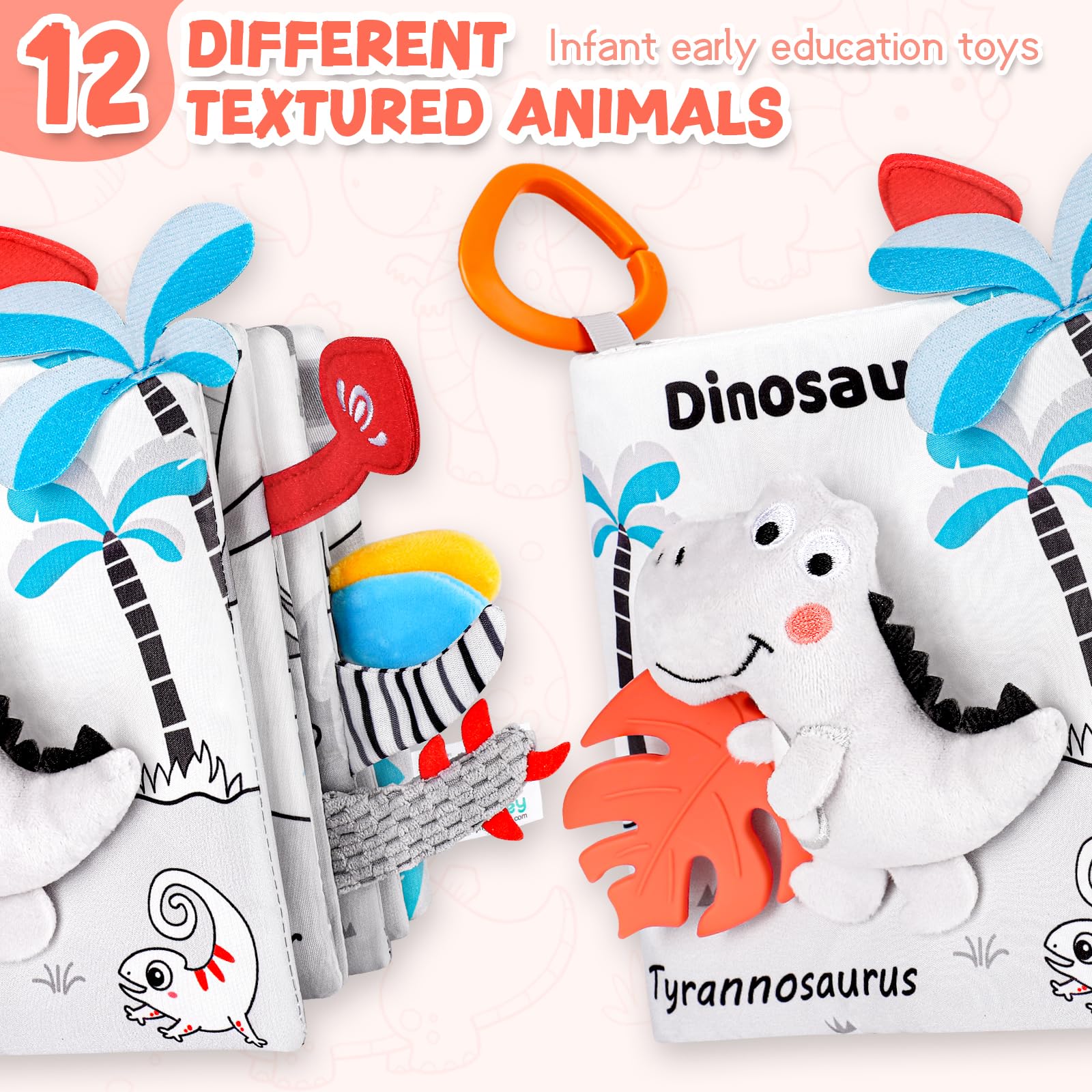 Livre en tissu de dinosaure, son froissé, toucher et sensation, presse couinante avec queue douce et fonction de dentition, livres de bébé jouets pour bébés de 0 à 12 ans