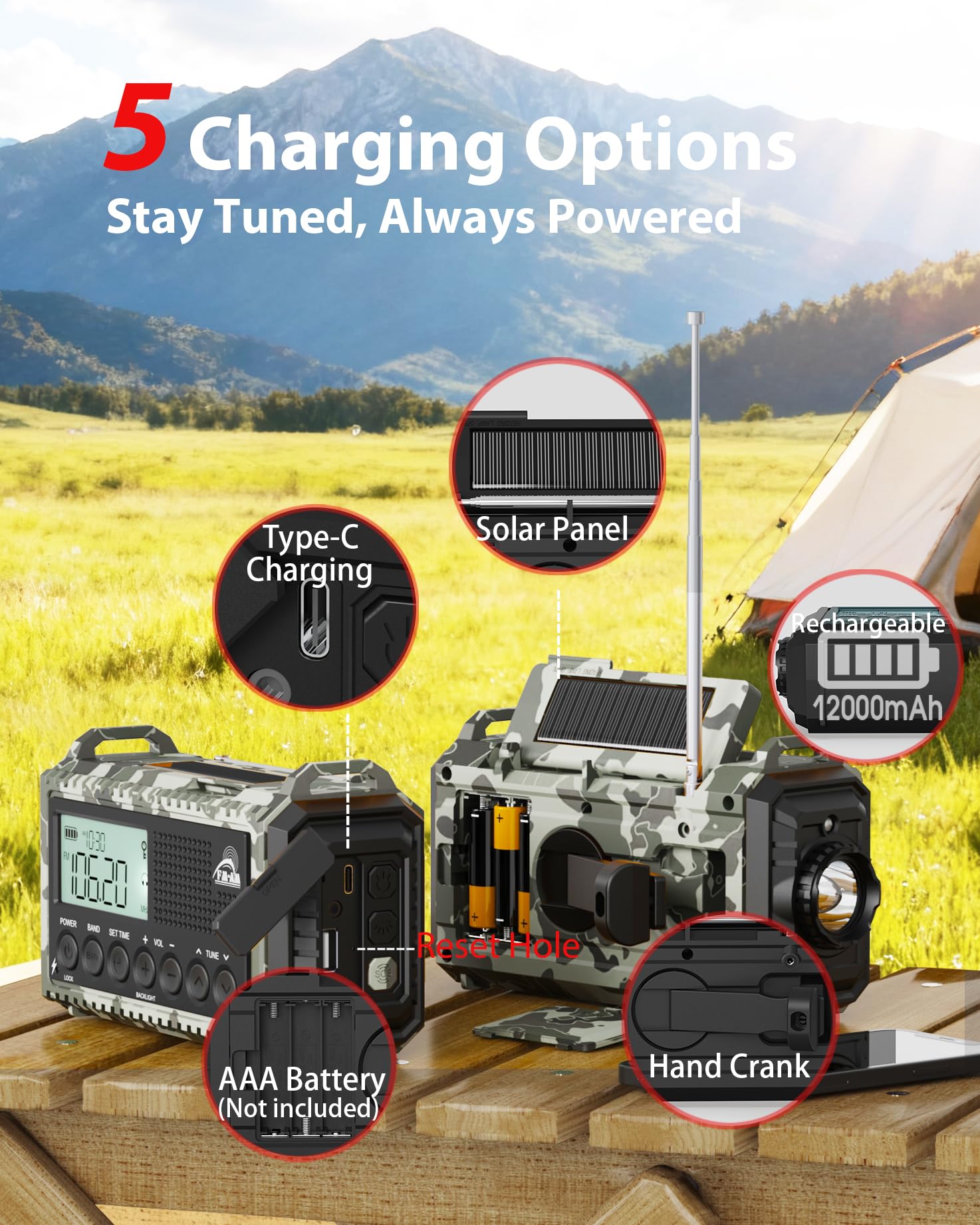 Roxicosly Radio portatile portatile AM/FM/SW da 12000 mAh, ricaricabile, radio portatile AM/FM/SW con torcia e lampada da lettura, caricatore USB, allarme SOS, IPX6, jack per cuffie da campeggio,