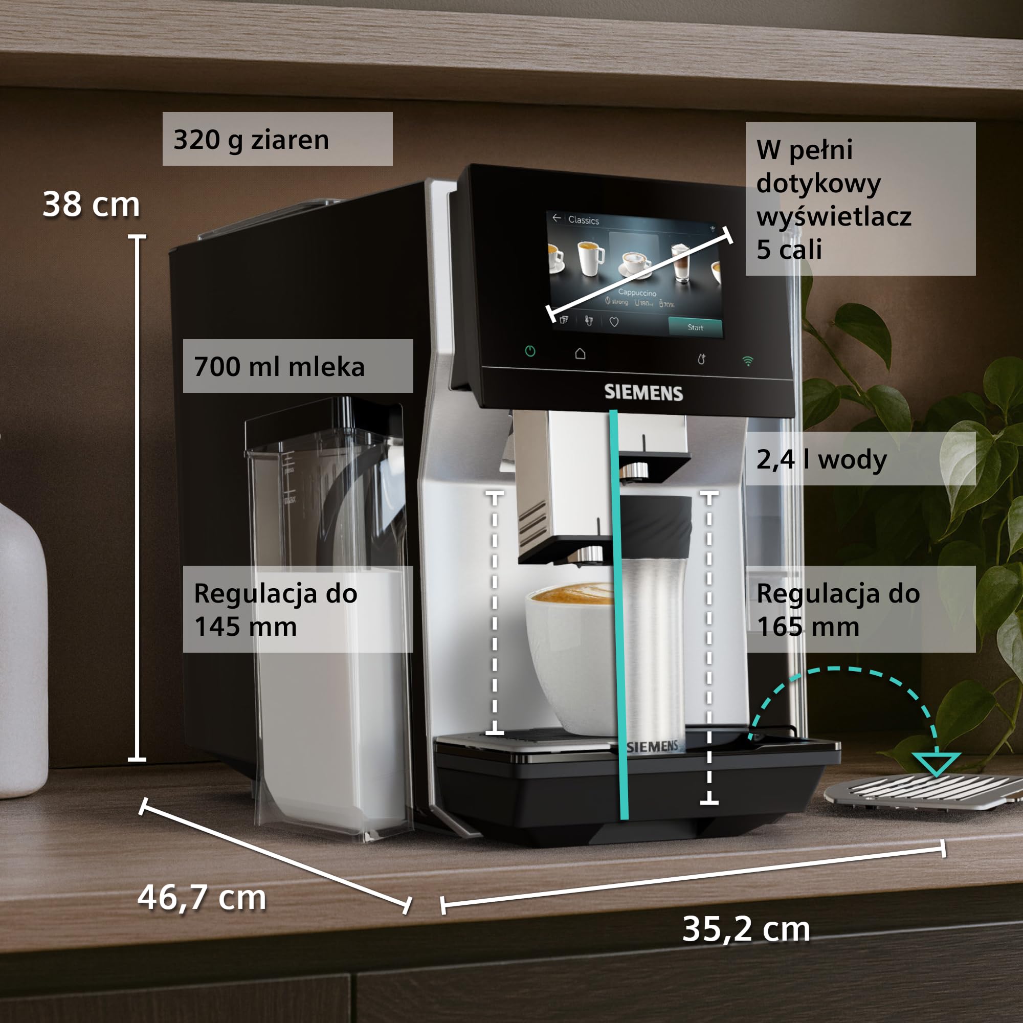 Siemens, automatyczny ekspres do kawy, EQ700 iAroma, wyświetlacz dotykowy, zintegrowany pojemnik na mleko, podgrzewacz filiżanek, Cold Brew i Slow Brew, stal nierdzewna/czarny, TQ727E03