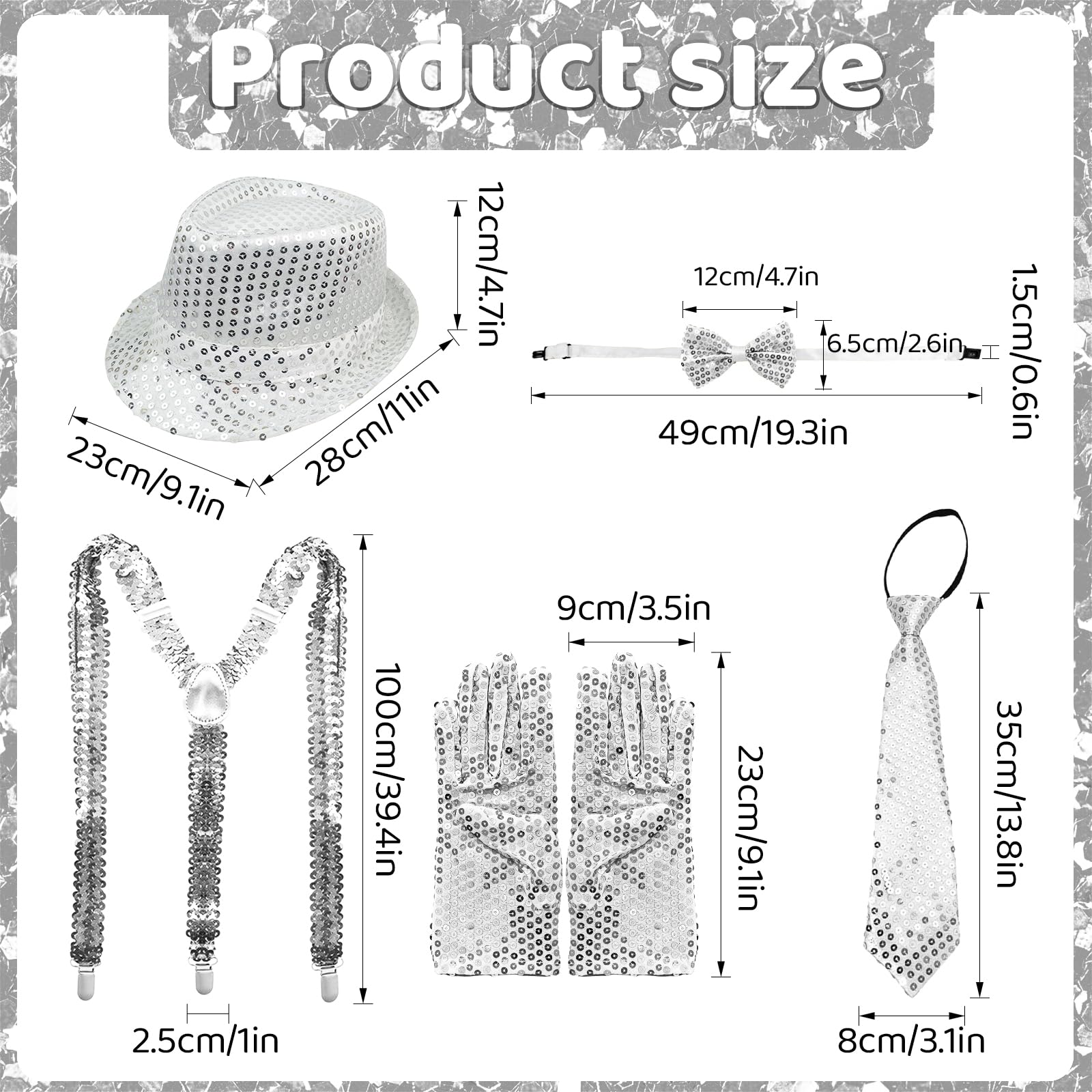 Zestaw brokatowych akcesoriów do dyskoteki, 5 sztuk, w tym kapelusz z cekinami, szelki, muszka, krawat, rękawiczki, cekinowe akcesoria na imprezę lub karnawał (srebrny)