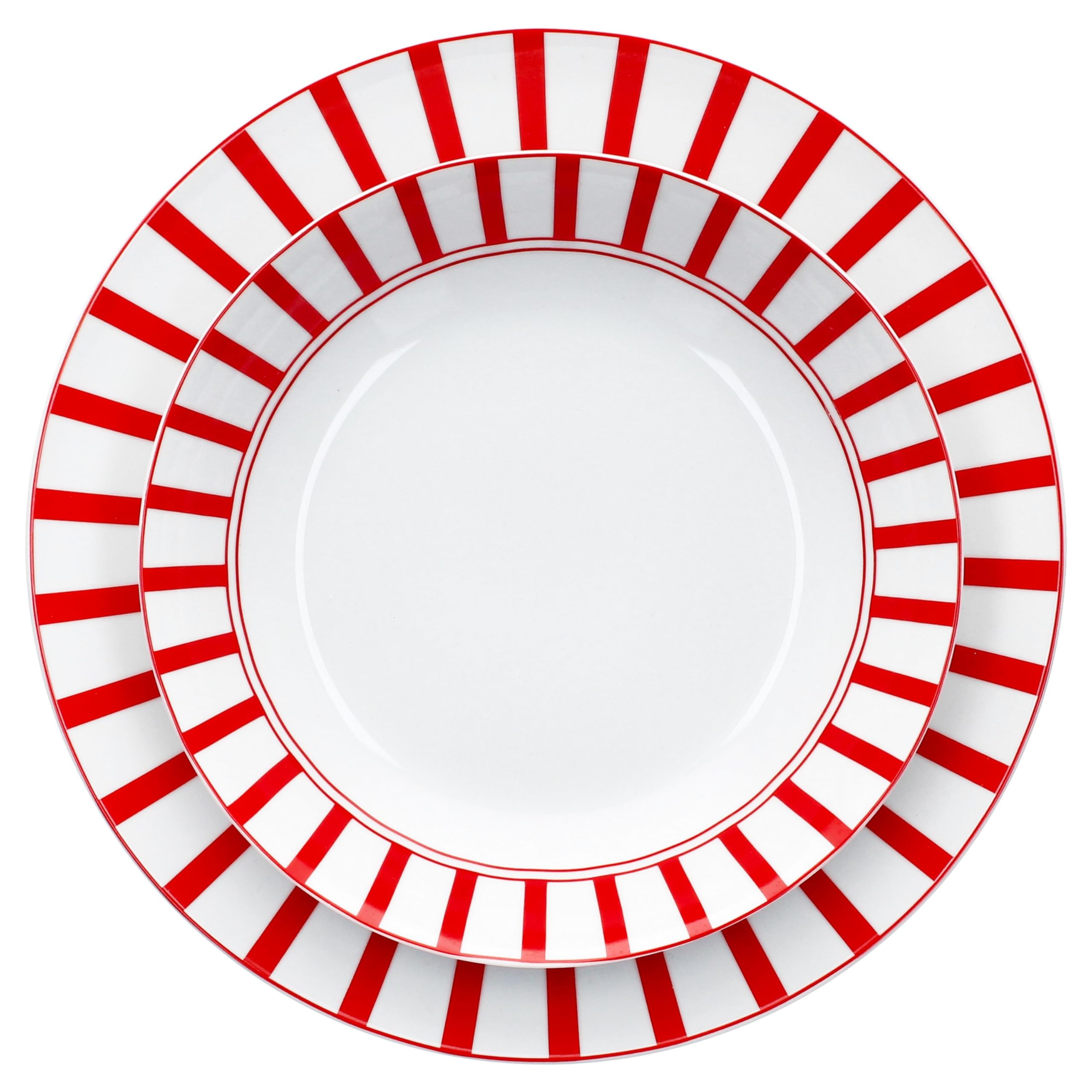 MamboCat Service de table Split rouge 12 pièces - Vaisselle en porcelaine blanche avec rayures pour 6 personnes - 6 assiettes creuses et 6 assiettes plates pour petit-déjeuner, déjeuner et dîner